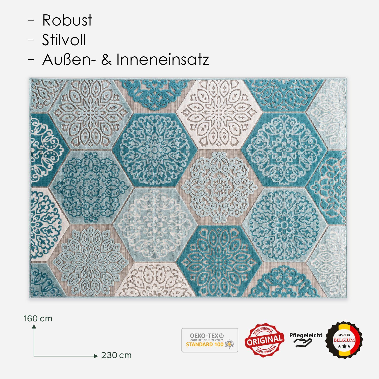 für DomDeco Teppich cm Tiles, Outdoor-Teppich Innen Hexagon 160x230 Classic und Außen, Blau In- und