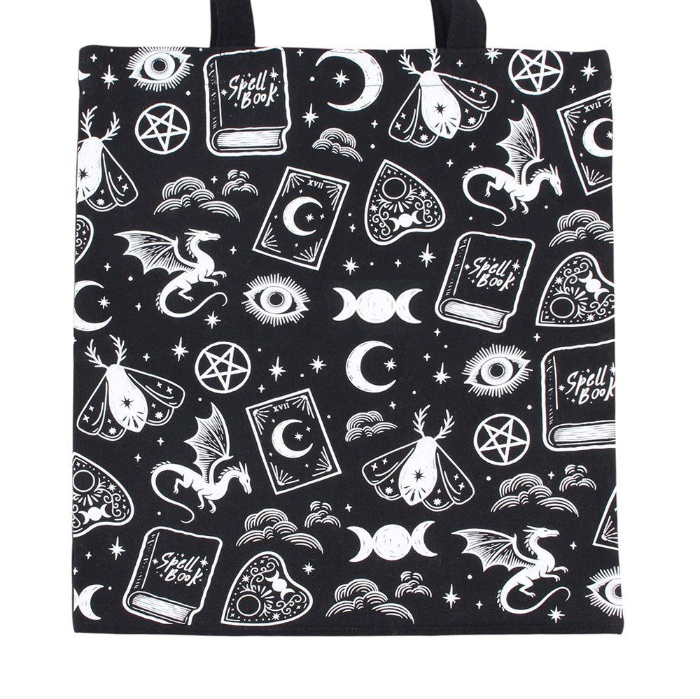 Something Different Schultertasche Witchy Icons Stofftasche – Gothic Tote Bag Schwarz/Weiß Spellbound