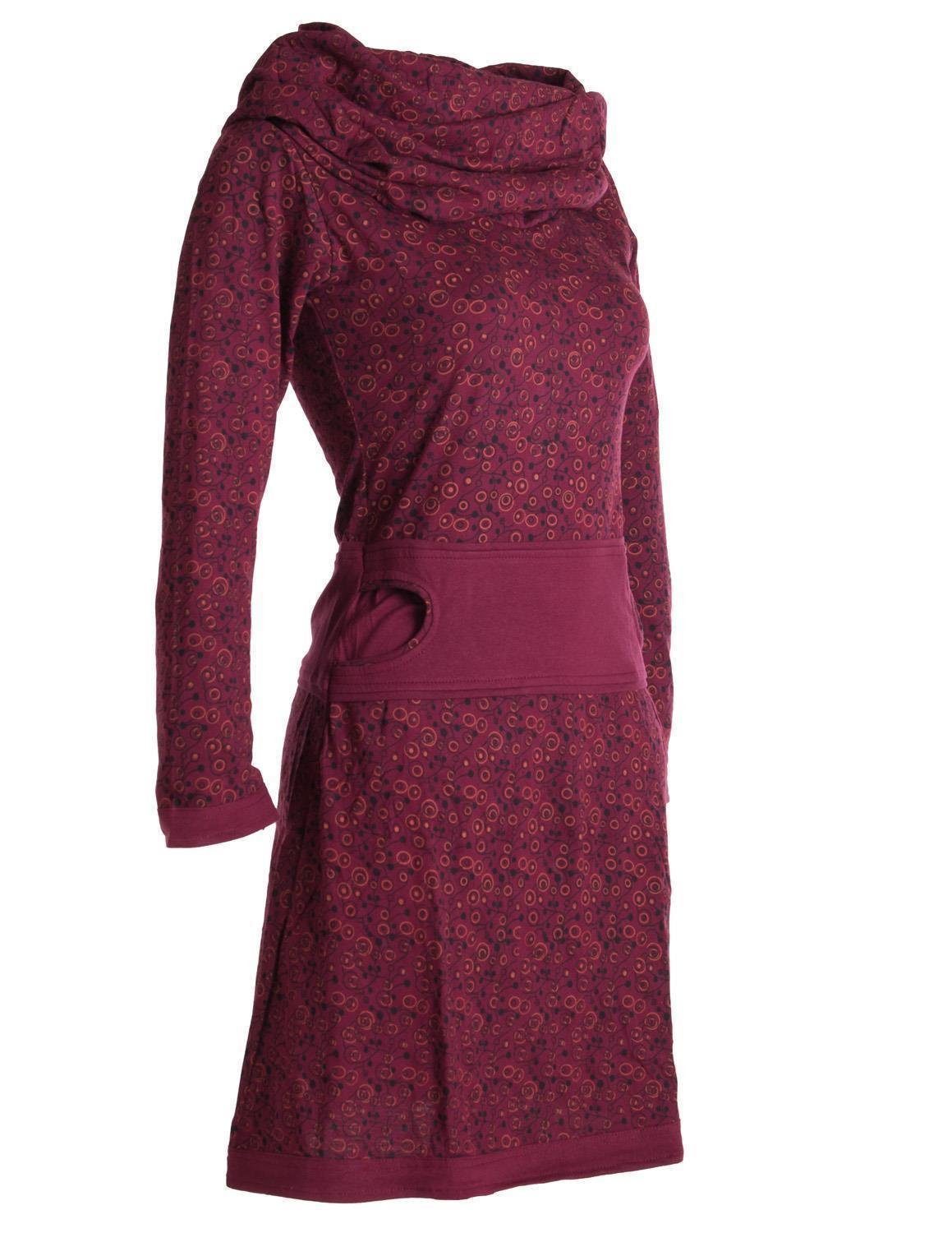 Vishes Jerseykleid Bedrucktes mit Schalkragen Style Goa, aus dunkelrot Ethno, Hippie Baumwolle Boho, Kleid