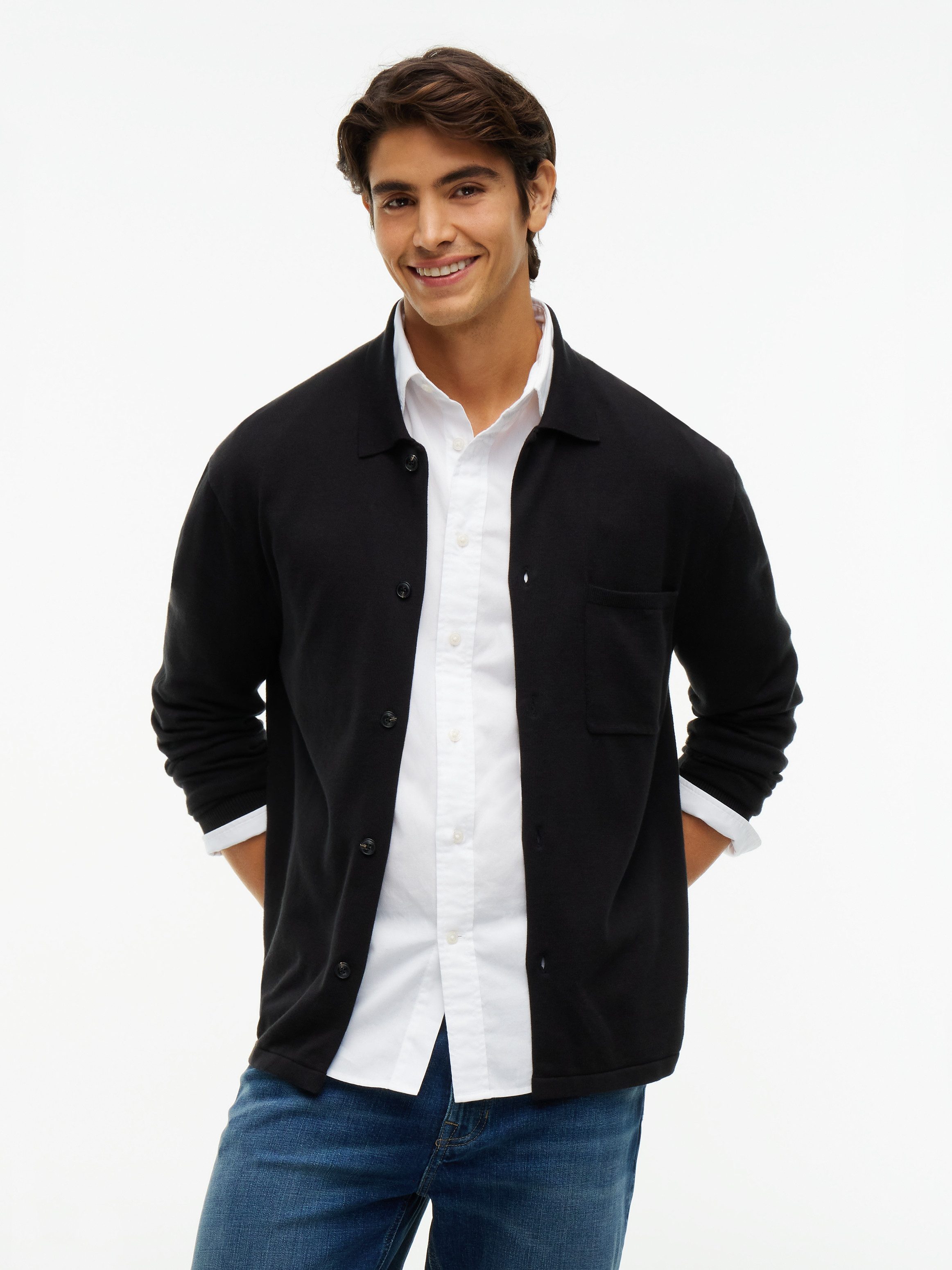 Tommy Hilfiger Strickjacke ESSENTIAL COTTON Relaxed Fit Strick-Overshirt mit Flag-Stickerei