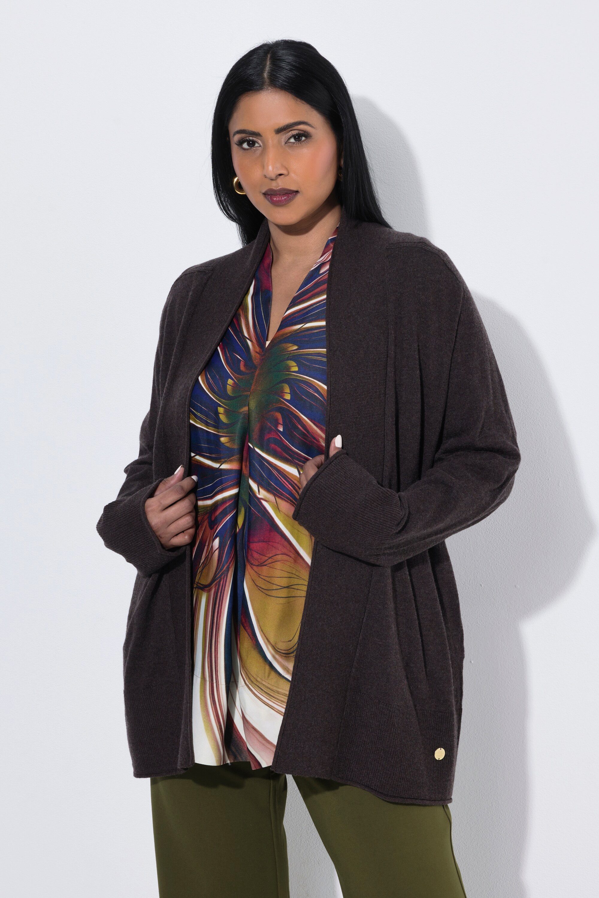 Ulla Popken Strickjacke Strickjacke Wollmix Rollkanten Langarm