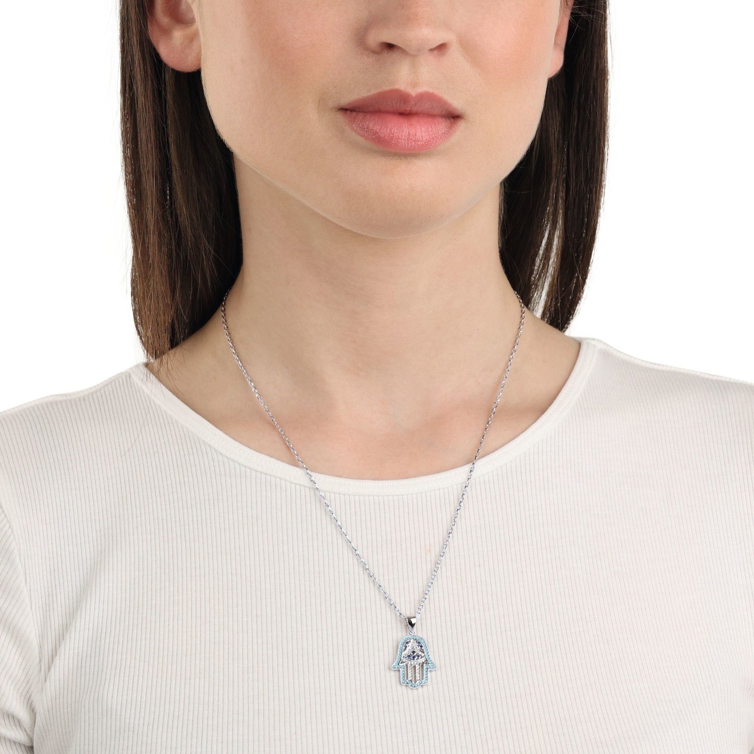 Sterling Kette (2-tlg., synth., 925 Silber, mit Anhänger Hand Kette für Hamsa Damen, Anhänger) Amor Zirkonia mit