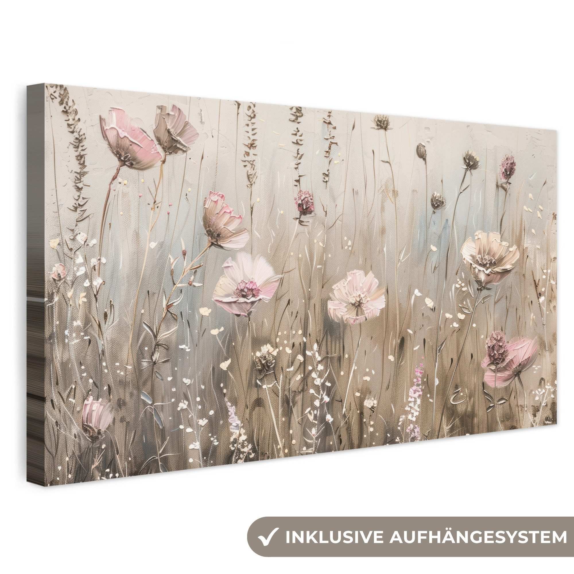 OneMillionCanvasses® Leinwandbild Panorama Blumen - Rosa - Modern - Beige, Fotodruck (1 St), Wandbild, Deko Schlafzimmer Wohnzimmer Flur 40x20 cm