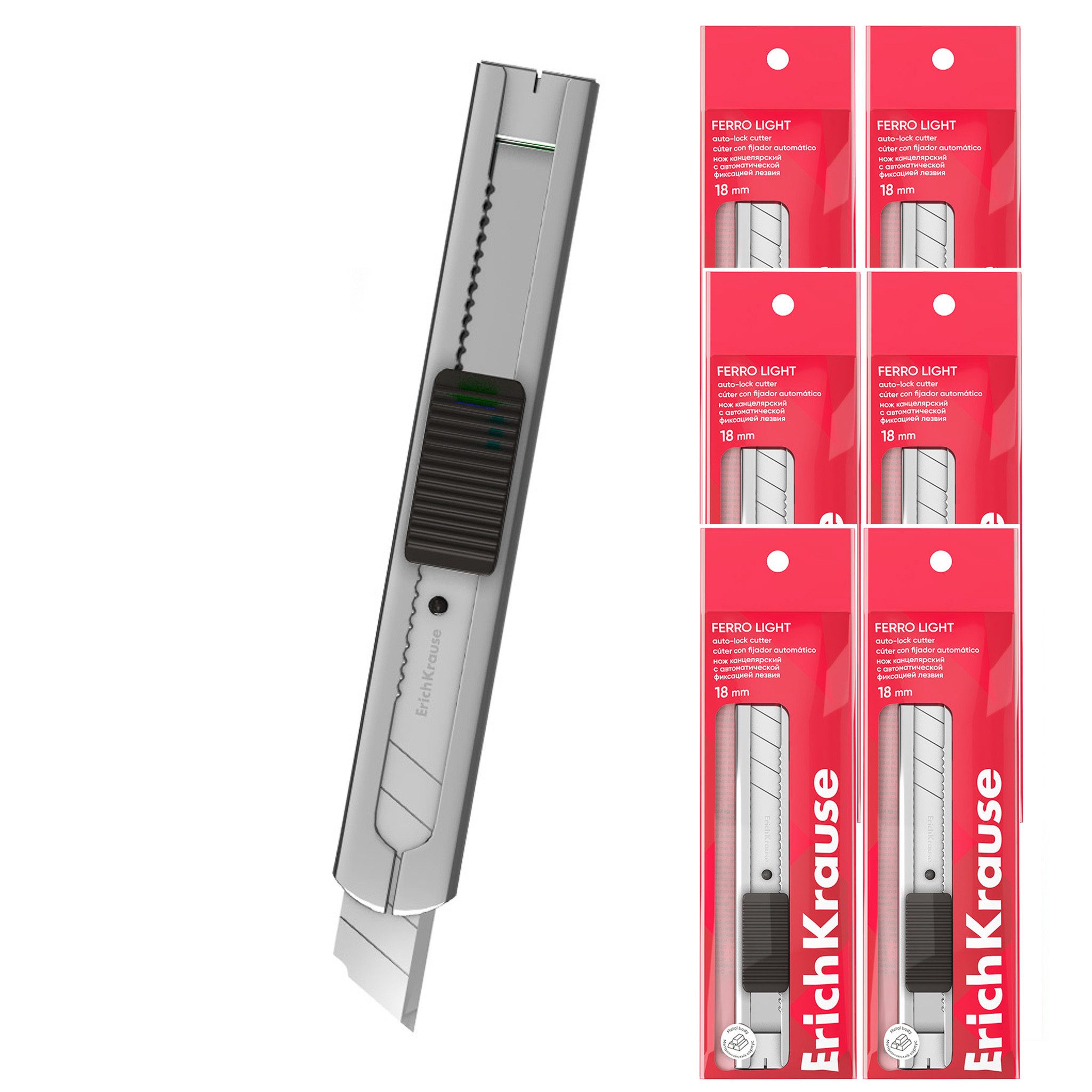 Erich Krause Cuttermesser, Cuttermesser 18mm Metallgehäuse Klingenrückhaltesystem 6er Set Silber