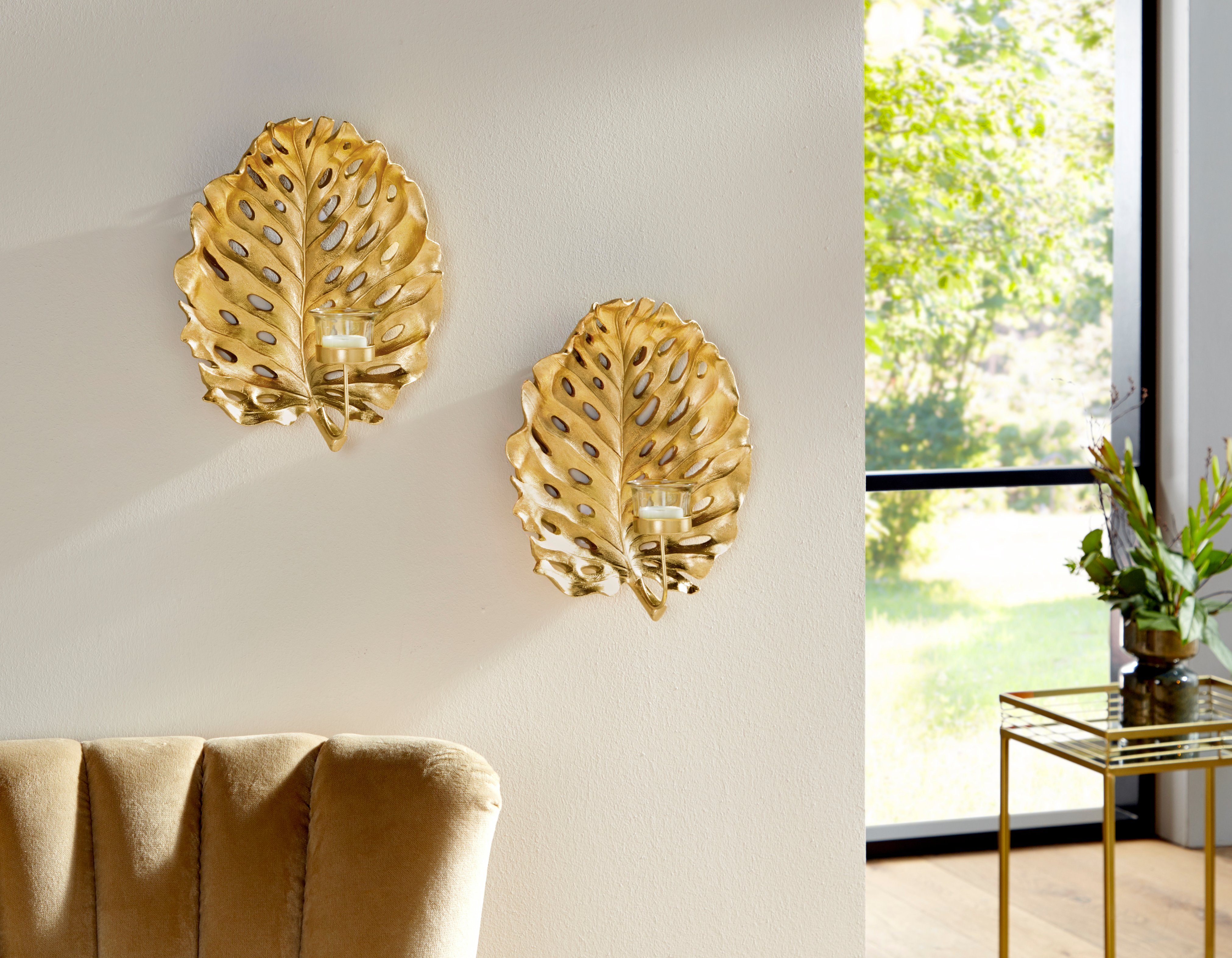Leonique Wandkerzenhalter Leaf, gold (2er-Set), modern, günstig online kaufen