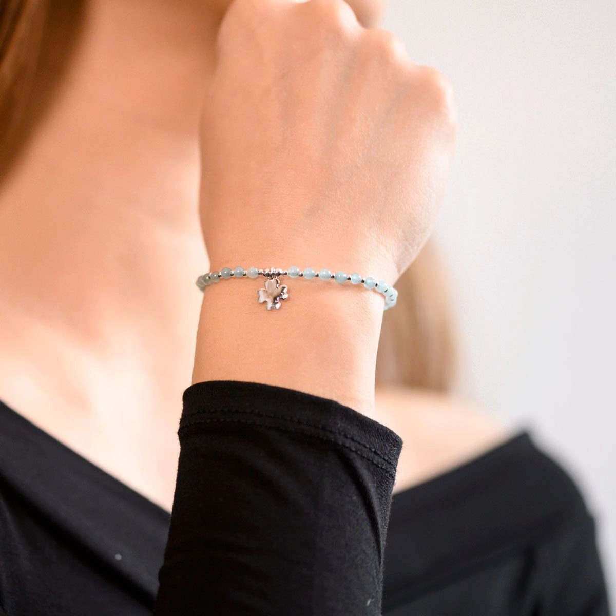 Materia Armkette Damen Kleeblatt Edelstein Achat Hellblau Blau SA-1, 925 Sterling Silber, längenverstellbar