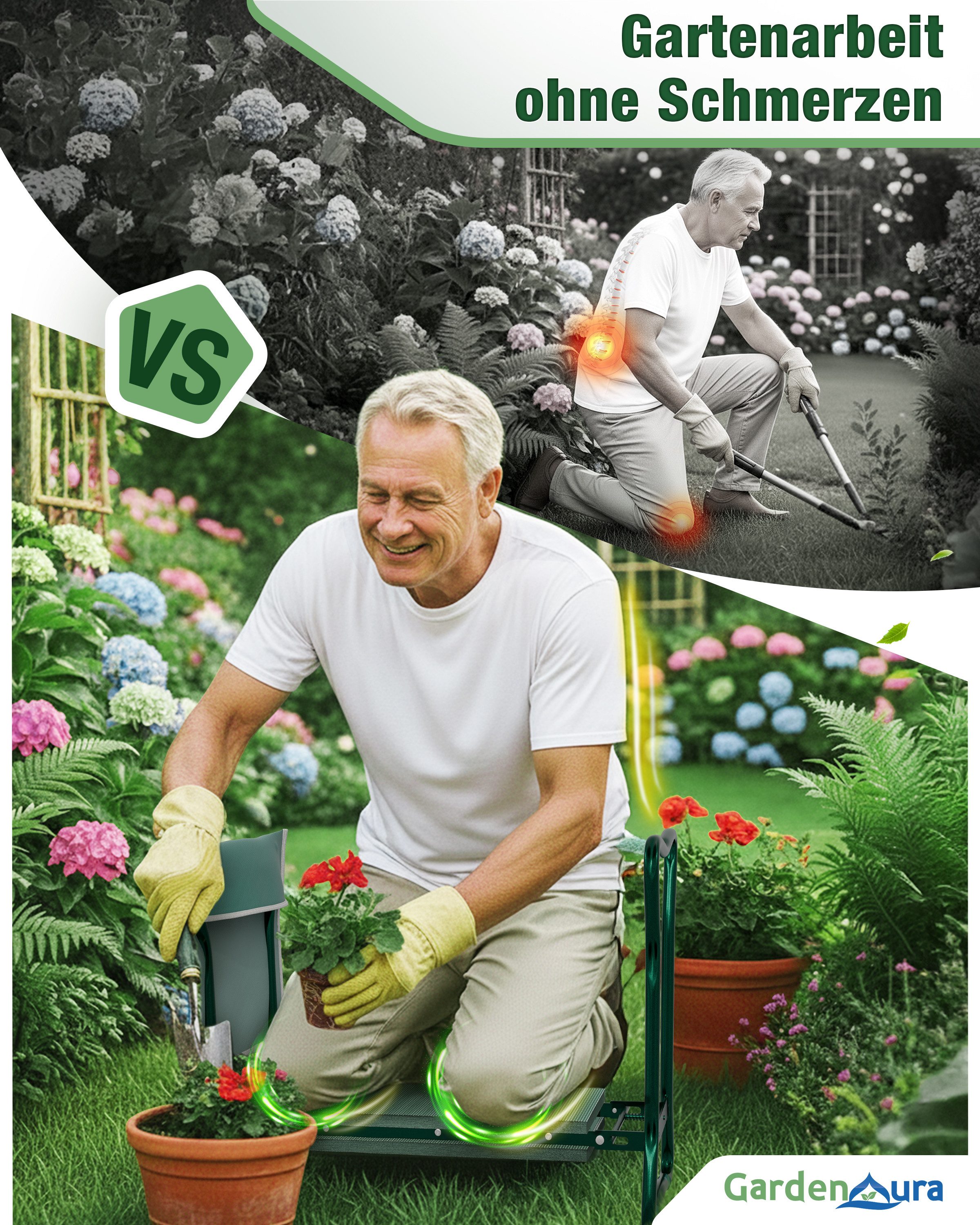 GardenAura Kniebank für Gartenarbeit 2 in 1 Gartenhocker,(Spar-Set), Mit Werkzeugtasche und Schutzkappen