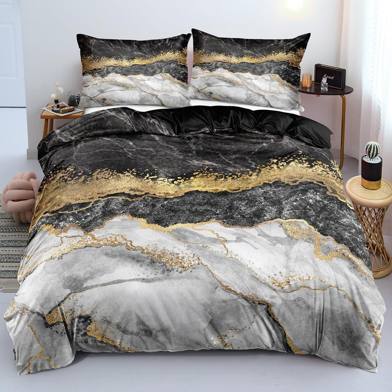 LuxusKollektion Bettwäsche Bettwäsche 135x200 Marmor Gold Schwarz 2tlg