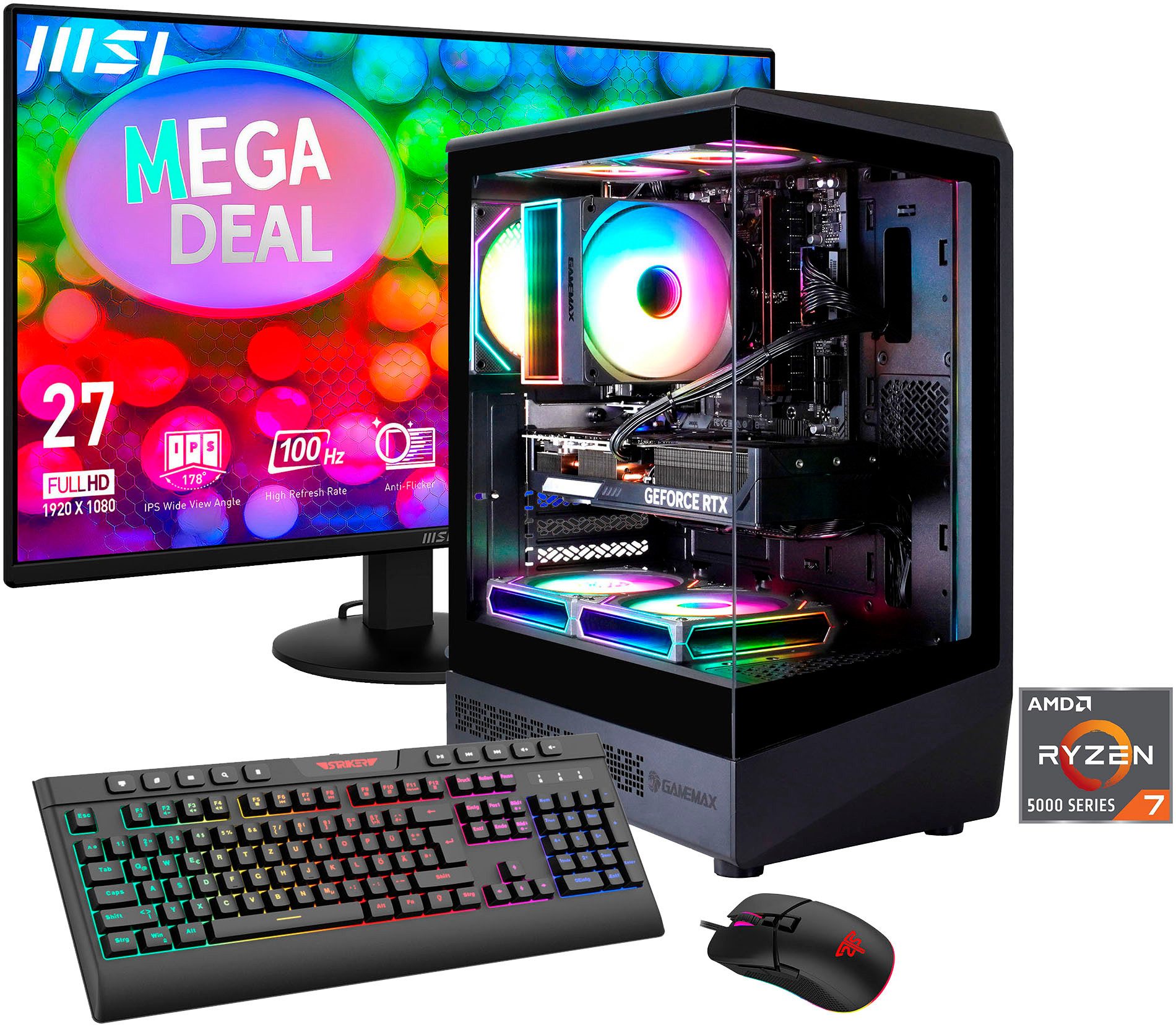 GAMEMAX MegaDeal VISTA COC AB 2858 AMD Ryzen 7 5700X 16GB 1TB SSD RTX 5060 Gaming-PC-Komplettsystem (27", AMD Ryzen 7 5700X, RTX 5060, 16 GB RAM, 1000 GB SSD, Windows 11 + MSI PRO MP272L LCD-Monitor, 68,6cm (27)