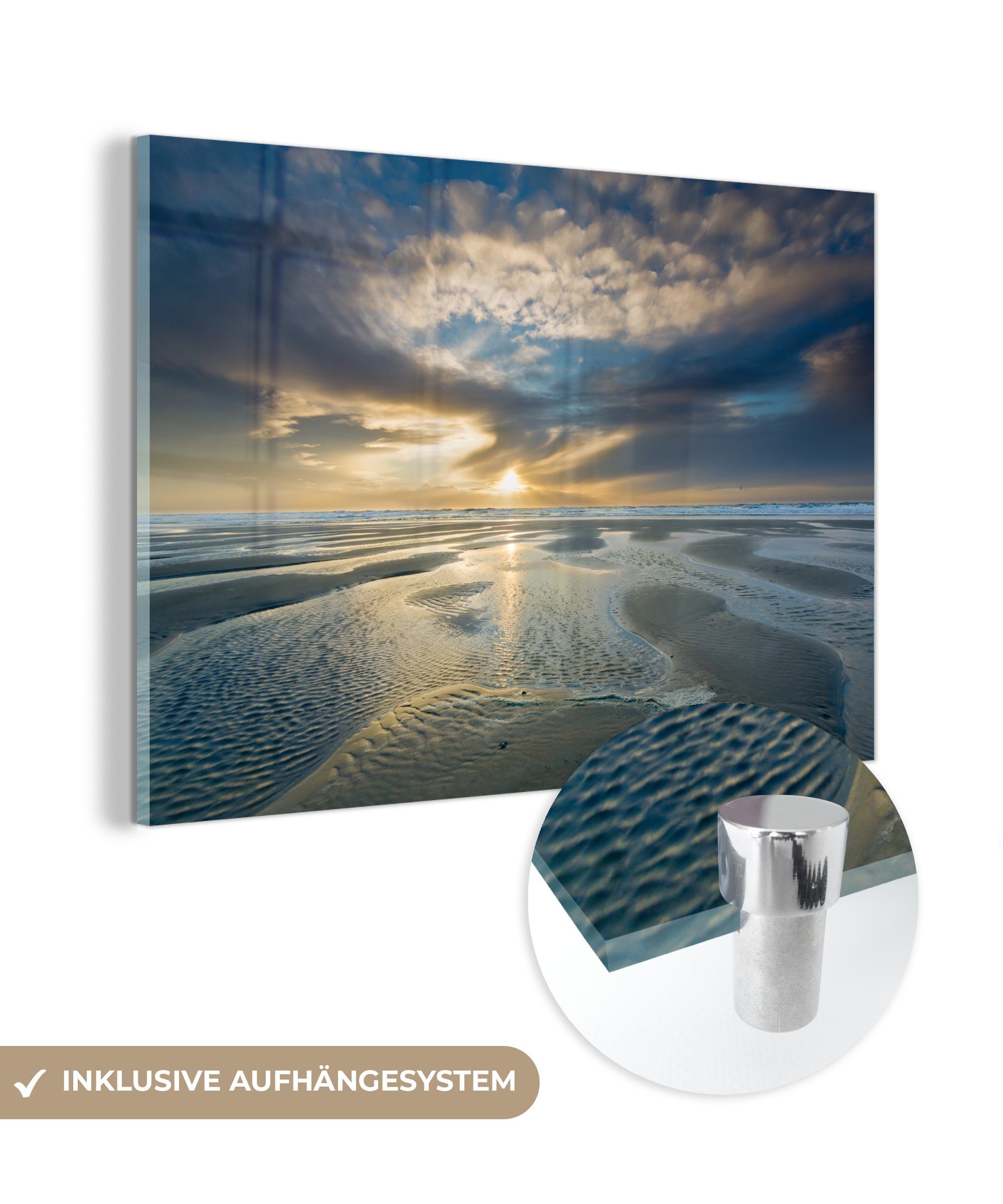MuchoWow Acrylglasbild Bilder - - Glas St), Wanddekoration Glas - auf auf Wandbild Wolken Glasbilder (1 - Grau, - Meer Foto