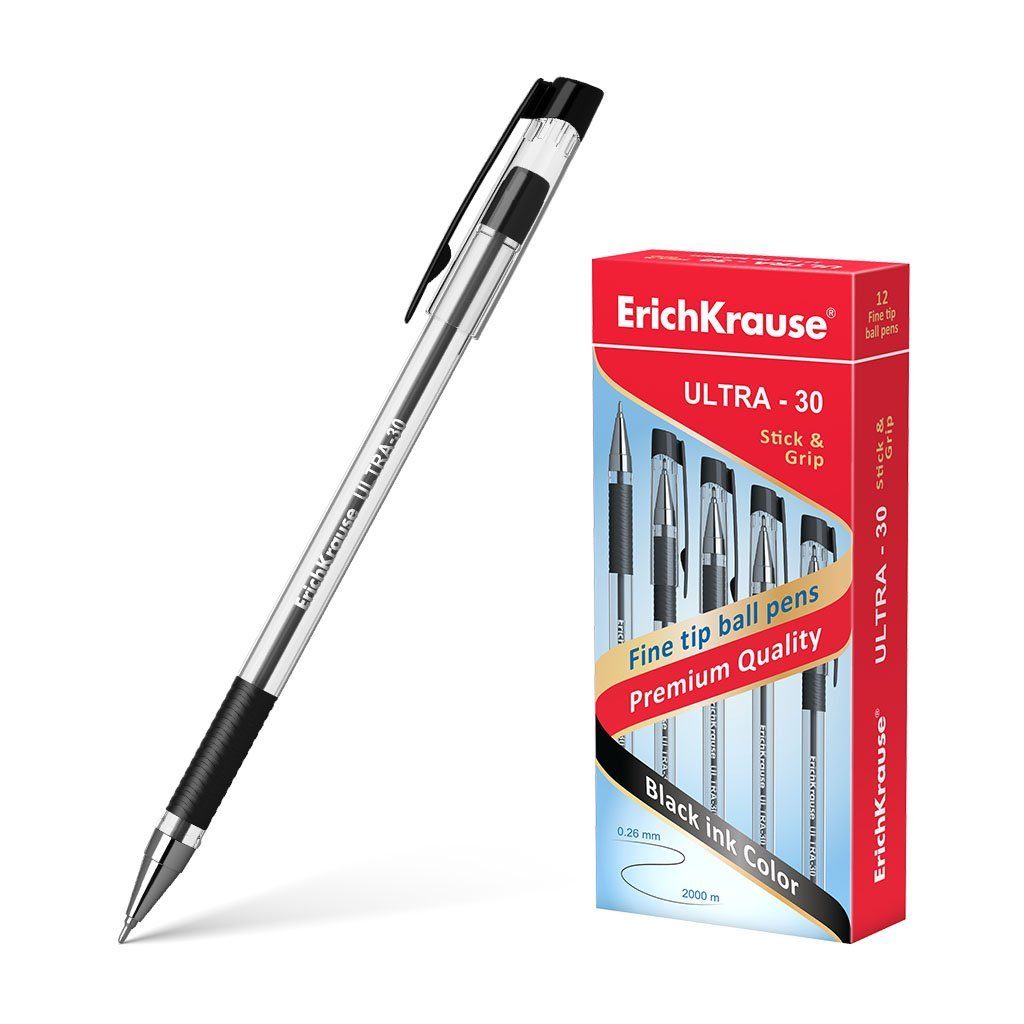 Erich Krause Kugelschreiber, Kugelschreiber Ultra-30 0,26mm mit Gummigriff 12er Pack Schwarz
