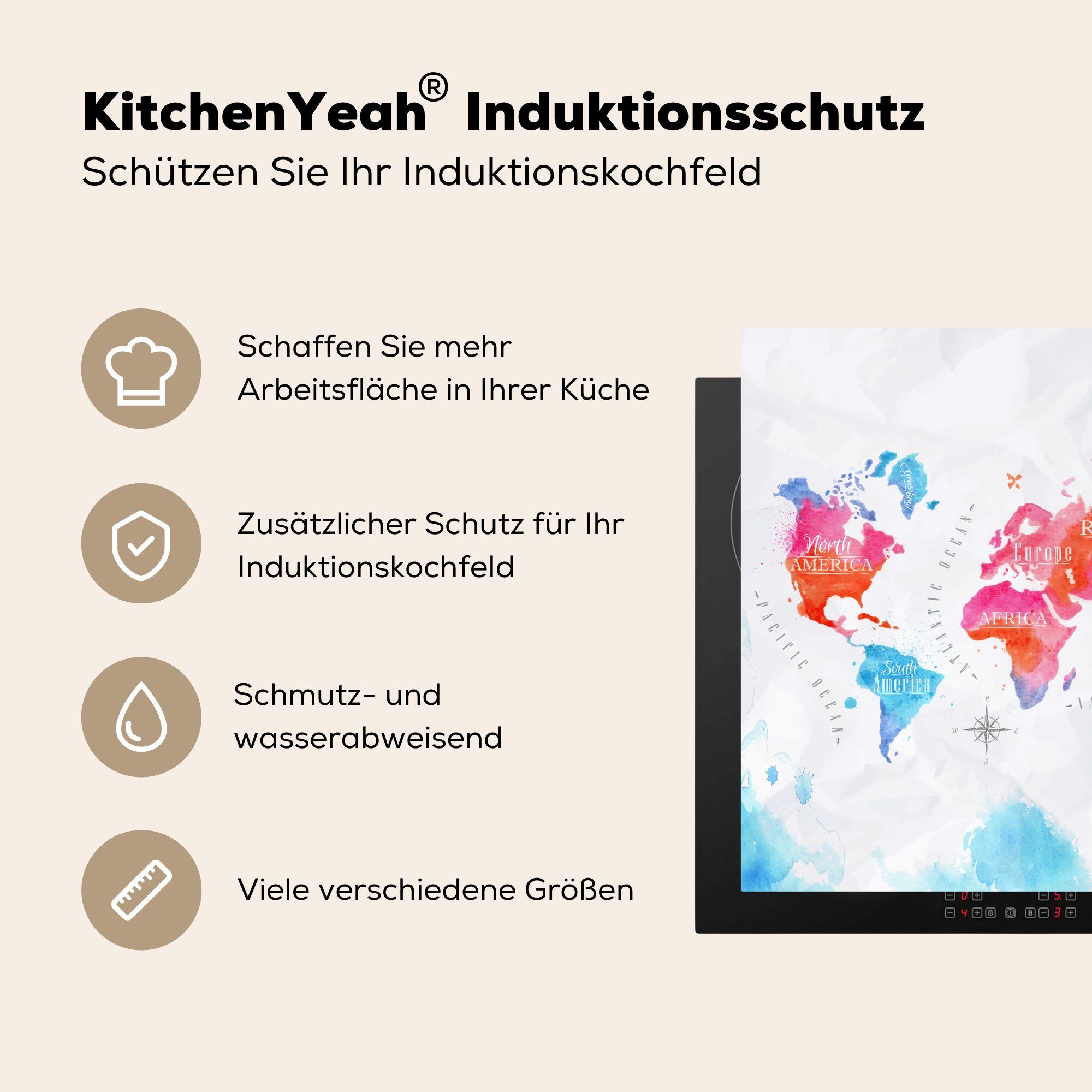 MuchoWow Vinyl, für cm, Arbeitsplatte Aquarellfarben, tlg), küche 78x78 - (1 - Herdblende-/Abdeckplatte Farben Ceranfeldabdeckung, Weltkarte