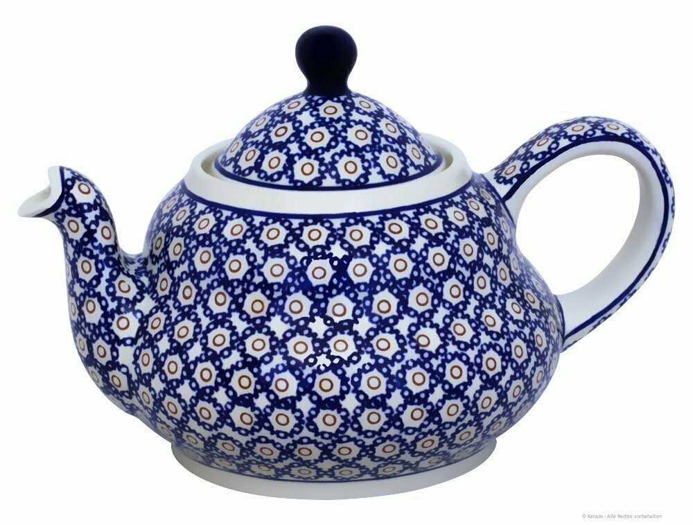 Bunzlauer Keramik Teekanne 1,5 Liter Teekanne mit bauchiger Silhouette auf zwei Ebenen, Dekor 4, 1,50 l
