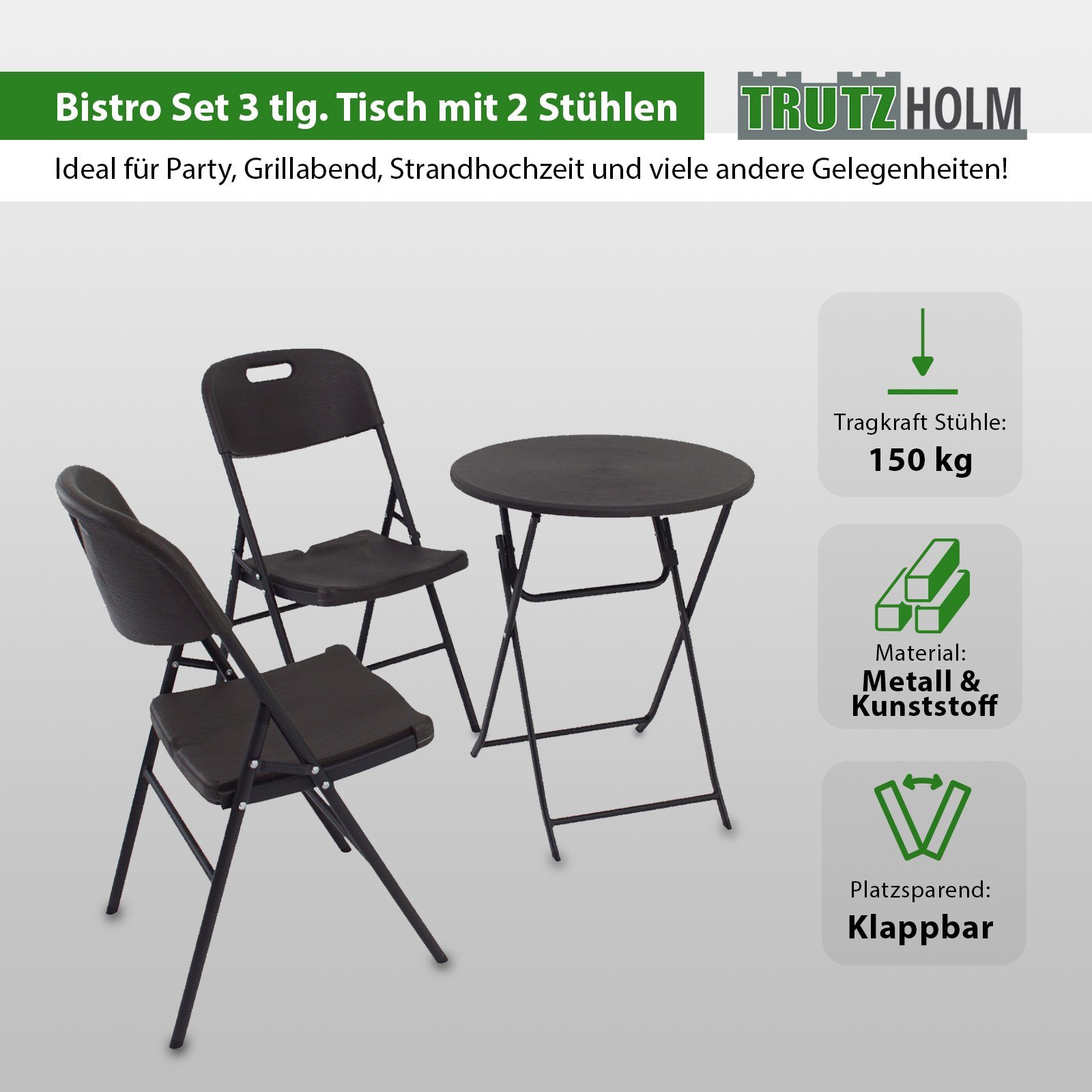 Balkonmöbel Stühle TRUTZHOLM 2 (pflegeleicht), klappbar Gartenmöbel Ø Bistrotisch Bistrotisch + grau Campingmöbel