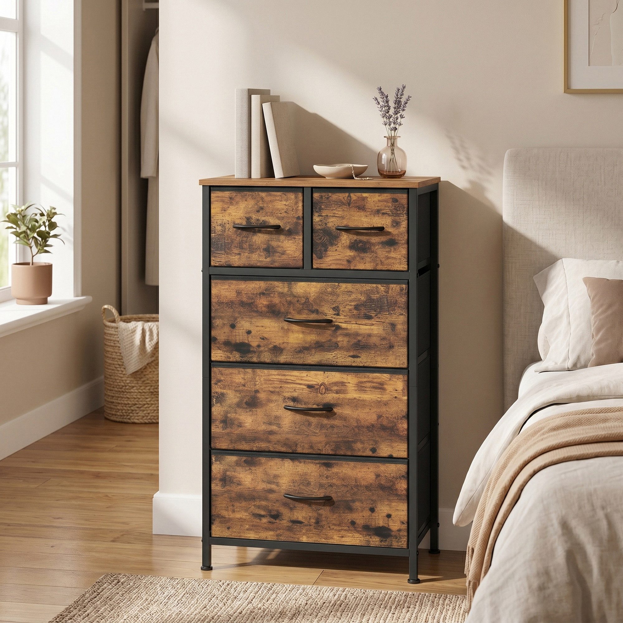 SONGMICS Kommode Schrank mit 3/4/5 Schubladen, Aufbewahrungsschrank, Stahl, MDF, Vliesstoff, für Schlafzimmer