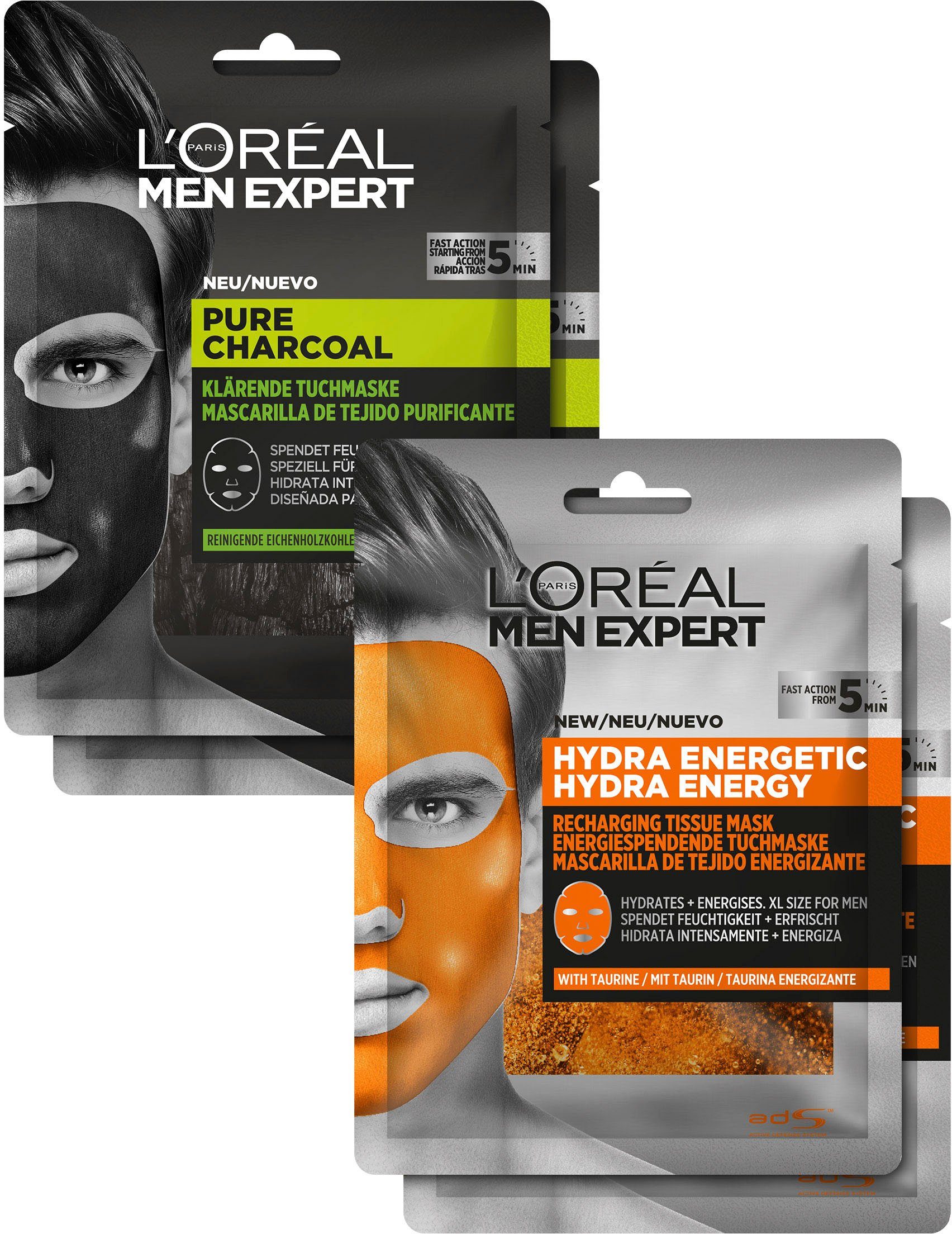 L'ORÉAL PARIS MEN EXPERT Gesichtsmasken-Set Pure Charcoal und Hydra Energy Set, 4-tlg. | Gesichtsmasken