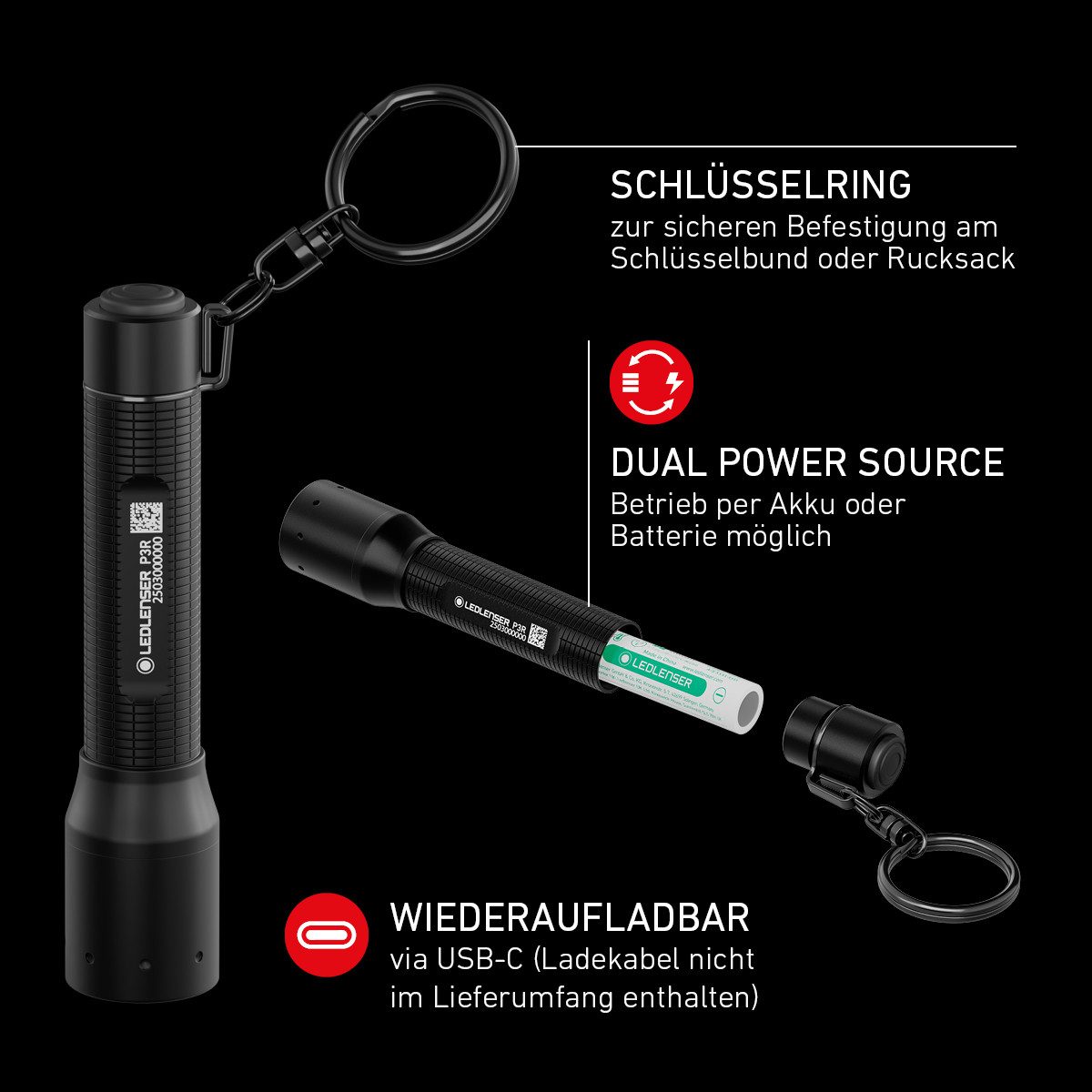 Ledlenser Taschenlampe P3R, bis 200 Lumen, 130m Leuchtweite, 8 Std. Laufzeit, IP54, USB-C, Akku