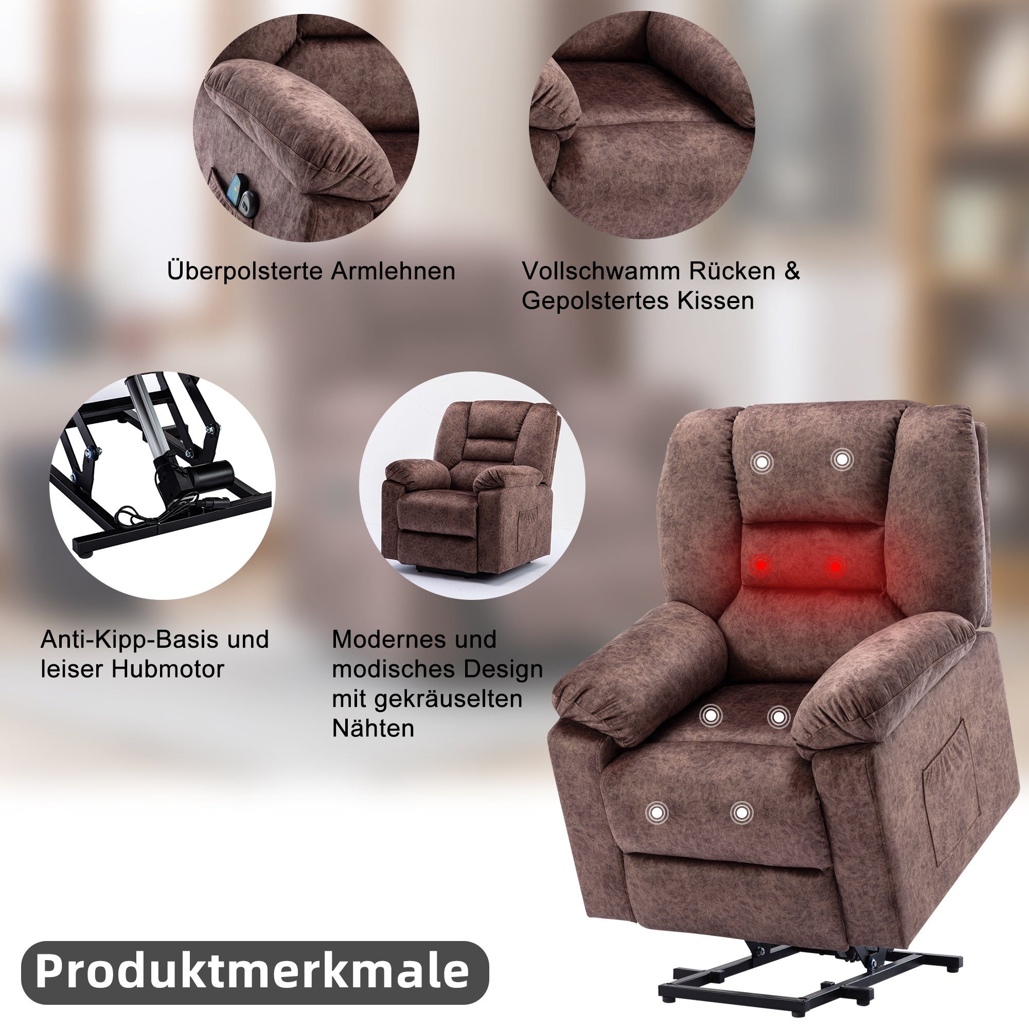 TV-Sessel (Fernsehsessel mit Aufstehhilfe, Schlafsessel, Relaxsessel, Massagesessel, Liegefunktion, Wärmefunktion und Vibrationsmassage), bis zu 150 kg belastbar, Stoff, Braun / Grau