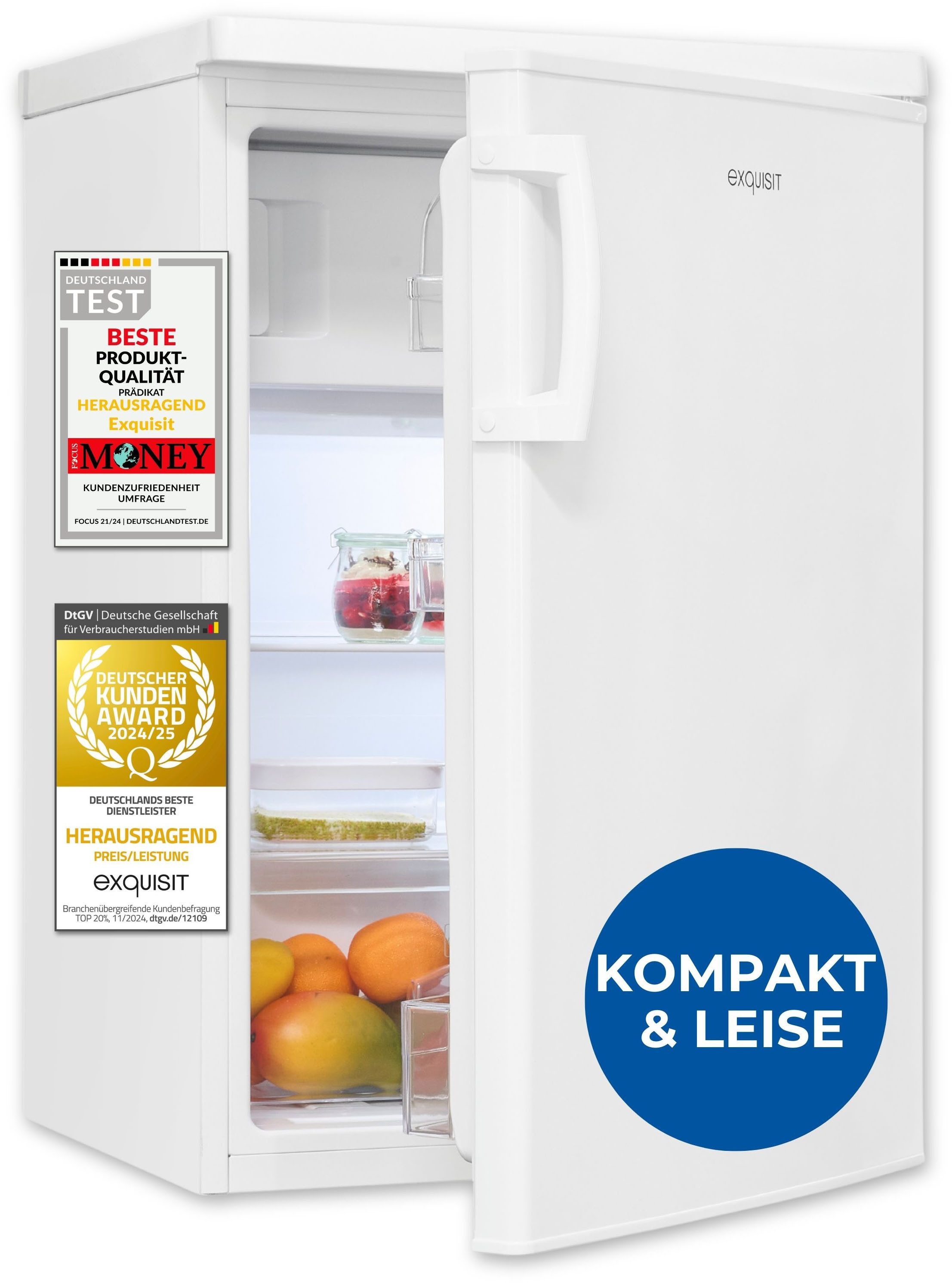 exquisit Kühlschrank KS16-4-HE-040C weiss, 85,5 cm hoch, 55 cm breit, Flexibler Stauraum, 4 Sterne Gefrieren-18 °C, Schnellgefrieren, LED
