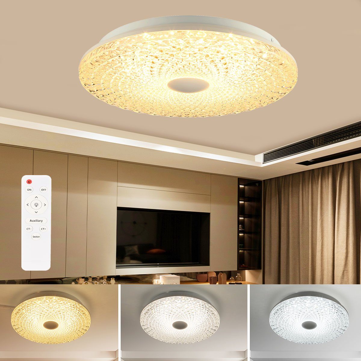 LETGOSPT Deckenleuchte 32W LED Deckenlampe Kristall Rund 30x6cm, Küchenlampe, Badezimmerlampe, LED fest integriert, Kaltweiß/Naturweiß/Warmweiß, Dimmbar mit Fernbedienung, für Wohnzimmer Schlafzimmer Küche