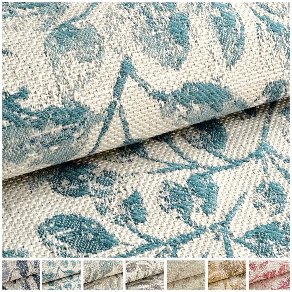 novely® Stoff exquisit FLORENZ Polsterstoff im Leinen-Look - Blumenmuster, Schwer Entzündbar, Robust, Abriebfest, Meterware, 1lfm
