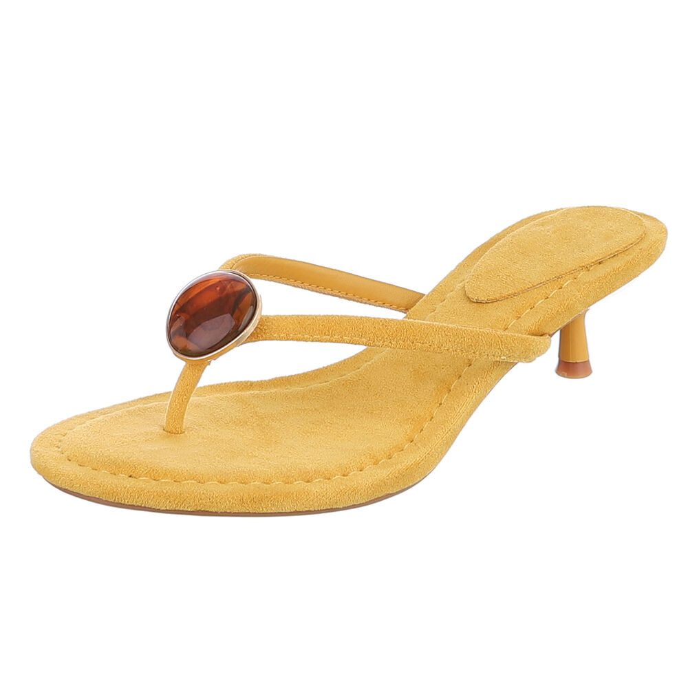 Ital-Design Damen Zehentrenner Pantolette mit Schmuckdetail und Absatz Zehentrenner (91848879) Pfennig-/Stilettoabsatz Sandalen & Sandaletten in Gelb