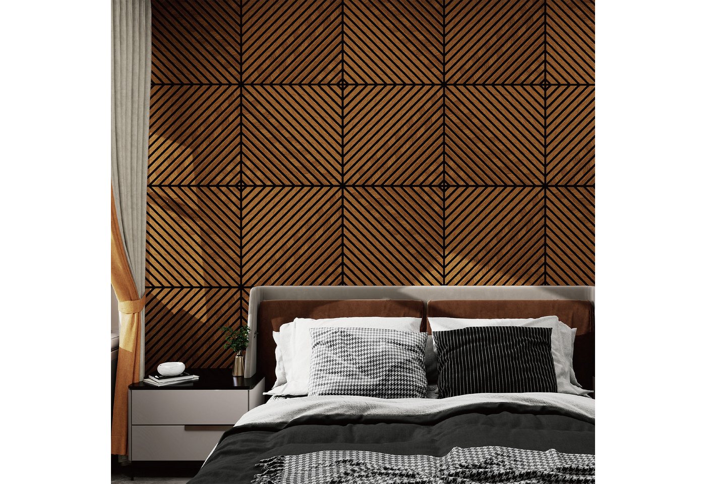 Thumbnail - neu.holz 3D Wandpaneel, BxL: 60x60 cm, (Set, 4-tlg) »Vang« mit diagonalen Lamellen 60x60 cm Teakoptik