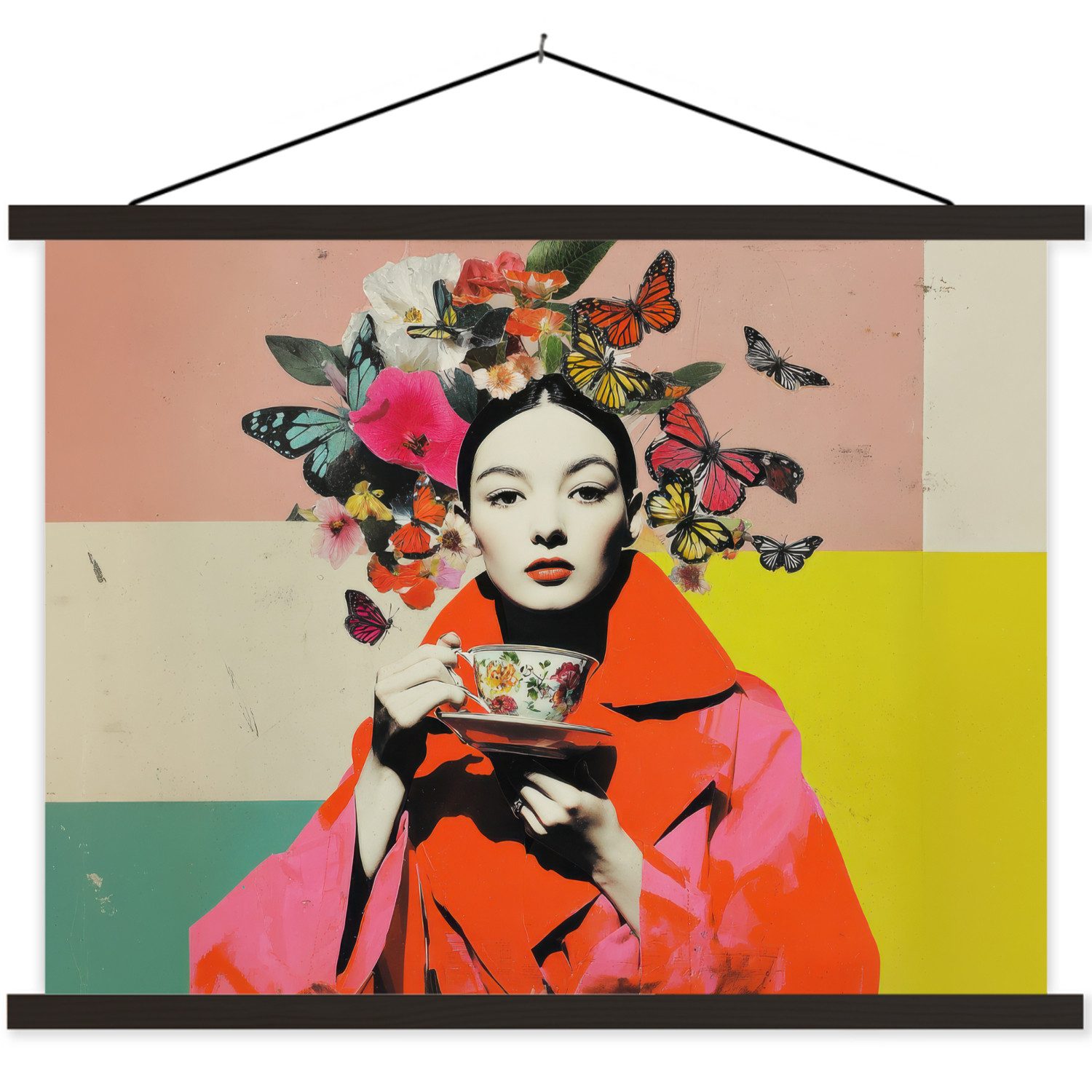 MuchoWow Poster Retro - Frau - Tasse - Schmetterlinge, (1 St), Magnetische Posterleiste, Holzleisten, Textilposter, 40x30 cm