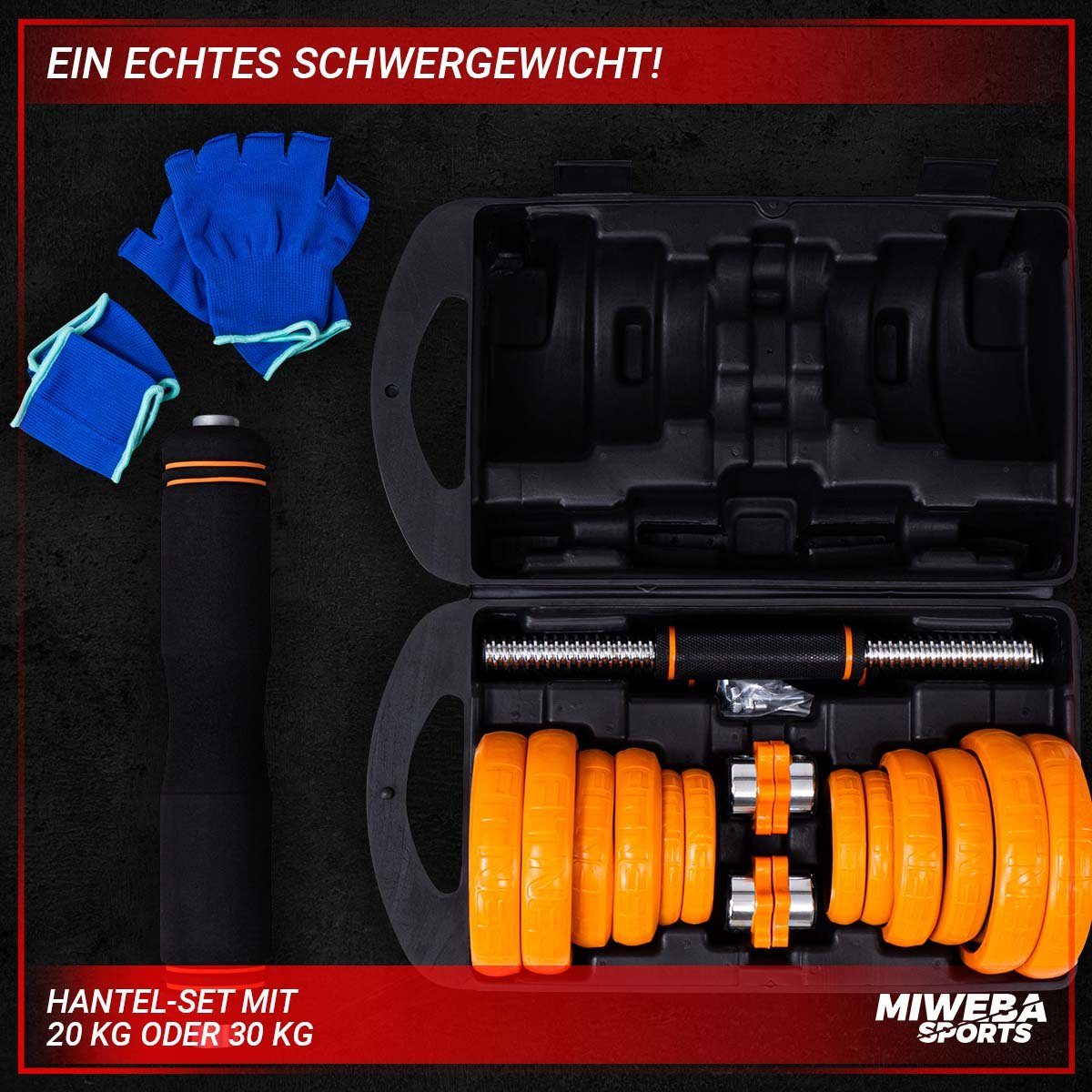 - kreuzgerändelter Training), rutschfest, kg, Premium Hantelscheiben / Fitness Trainingshandschuhe, 20/30 Sport, schwarz Hantel-Set FED Krafttraining, inkl. Langhantel Kurzhanteln Gewichte, Transportkoffer Gewichte Verbindungstück, Hantel Sports Multifunktionshantel, 4in1 orange, Stahl, Workout, Griff, Miweba Muskelaufbau, (Hantelstangen, Sternverschlüsse, Gummibezüge, Set