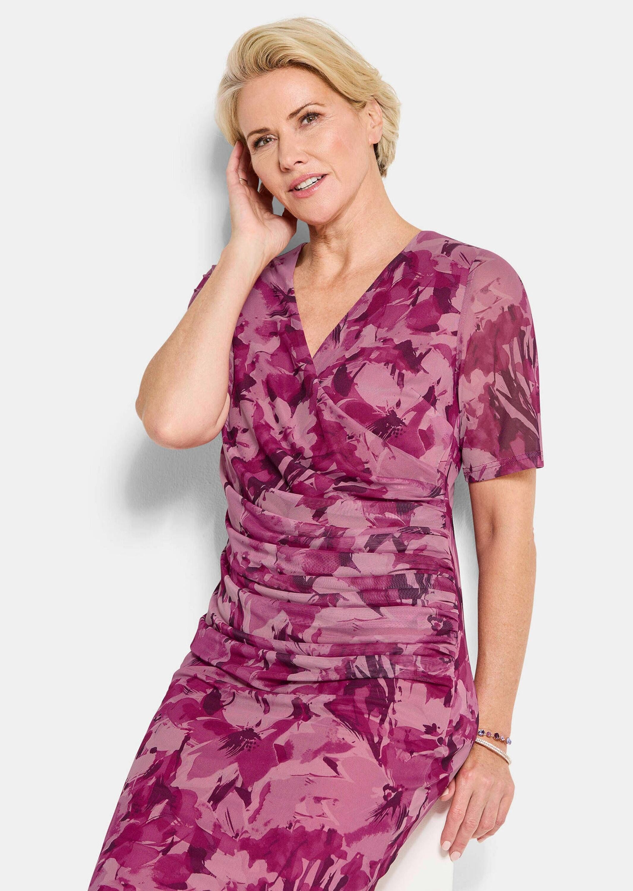 GOLDNER Abendkleid Kurzgröße: Wickelkleid mit Blumenmuster Stretchkleid mit V-Ausschnitt, Faltenwurf, Knielänge und Halbarm