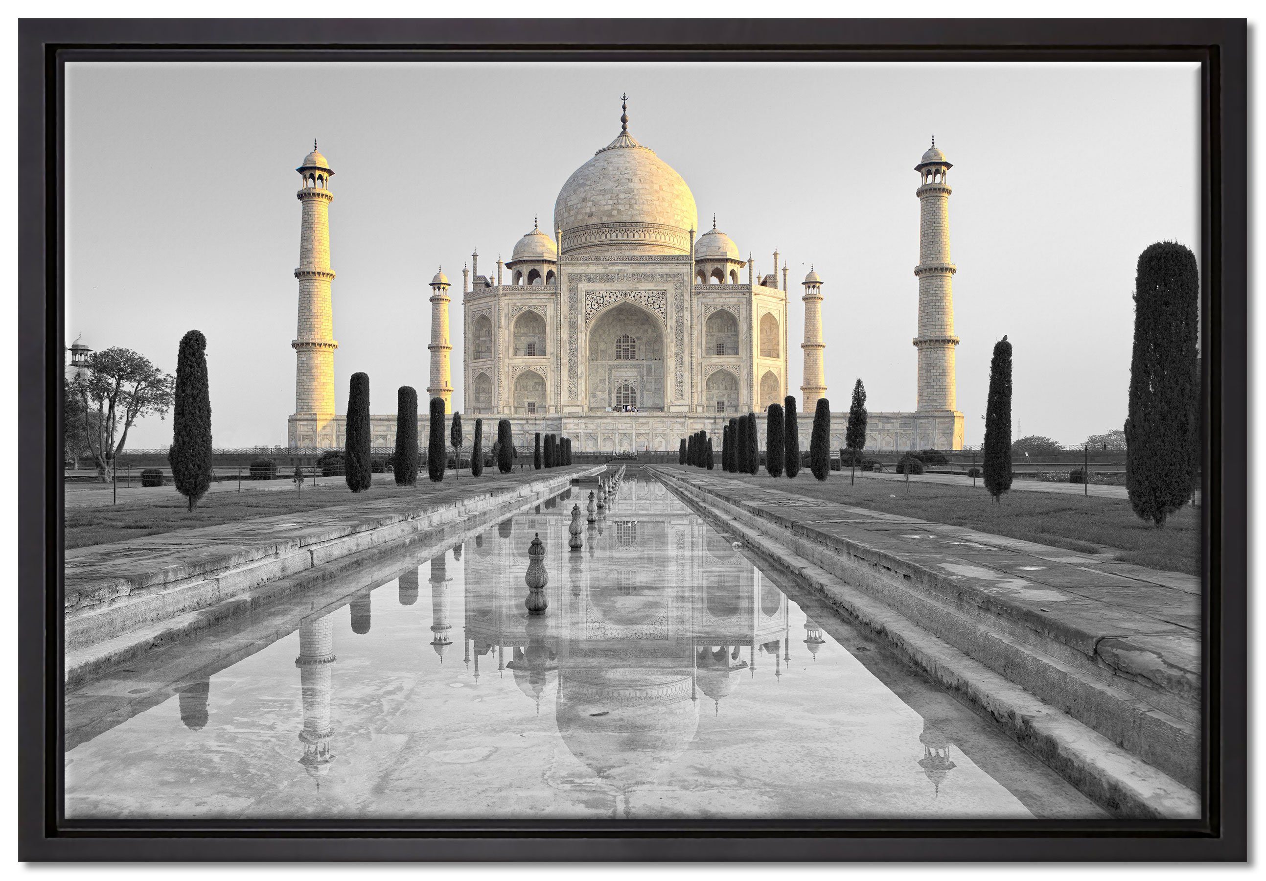 gefasst, Wanddekoration Leinwandbild Zackenaufhänger einem (1 in Mahal Umgebung, inkl. ruhiger Taj St), bespannt, Leinwandbild in fertig Pixxprint Schattenfugen-Bilderrahmen