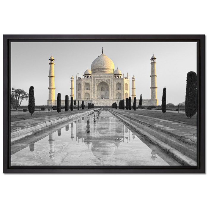 Pixxprint Leinwandbild Taj Mahal in ruhiger Umgebung Wanddekoration (1 St) Leinwandbild fertig bespannt in einem Schattenfugen-Bilderrahmen gefasst inkl. Zackenaufhänger
