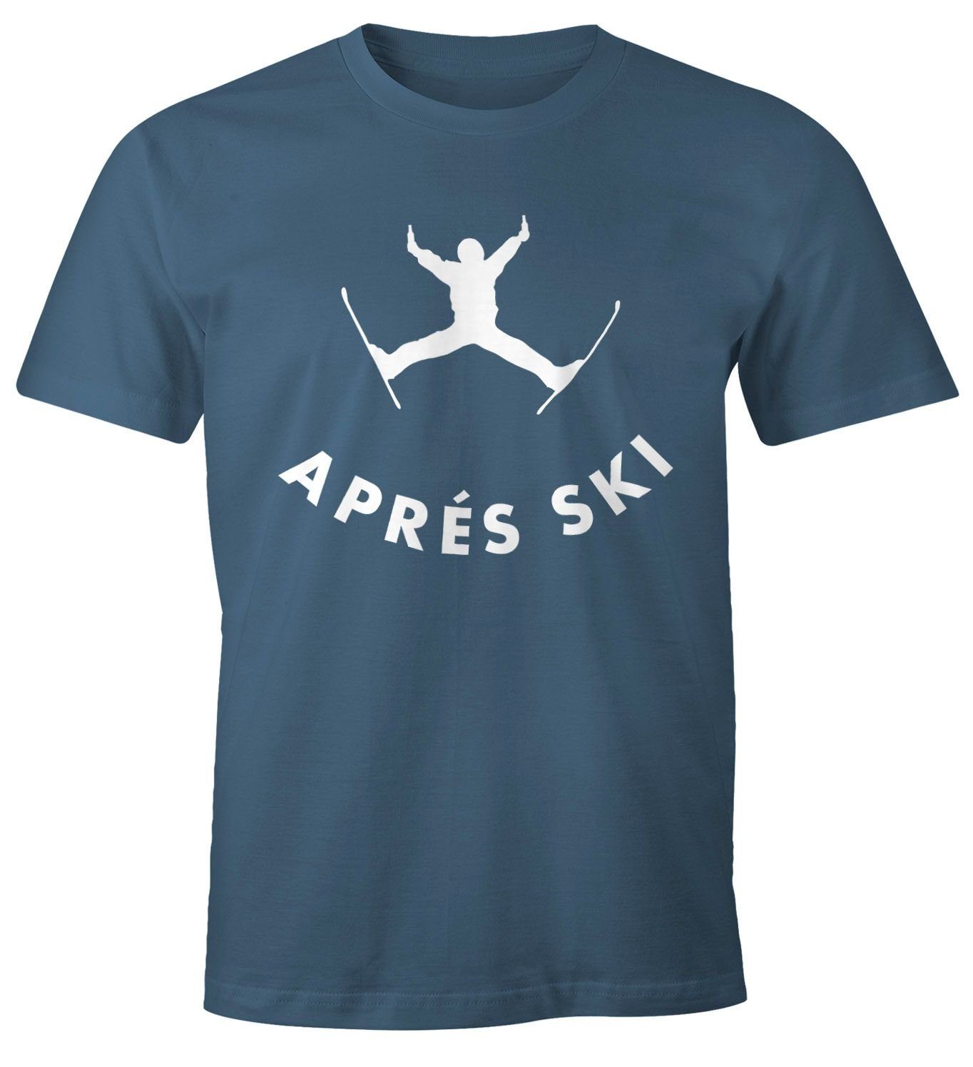 blau MoonWorks Herren T-Shirt Ski Print mit Bier Print-Shirt Moonworks® Apres Sprung Fun-Shirt