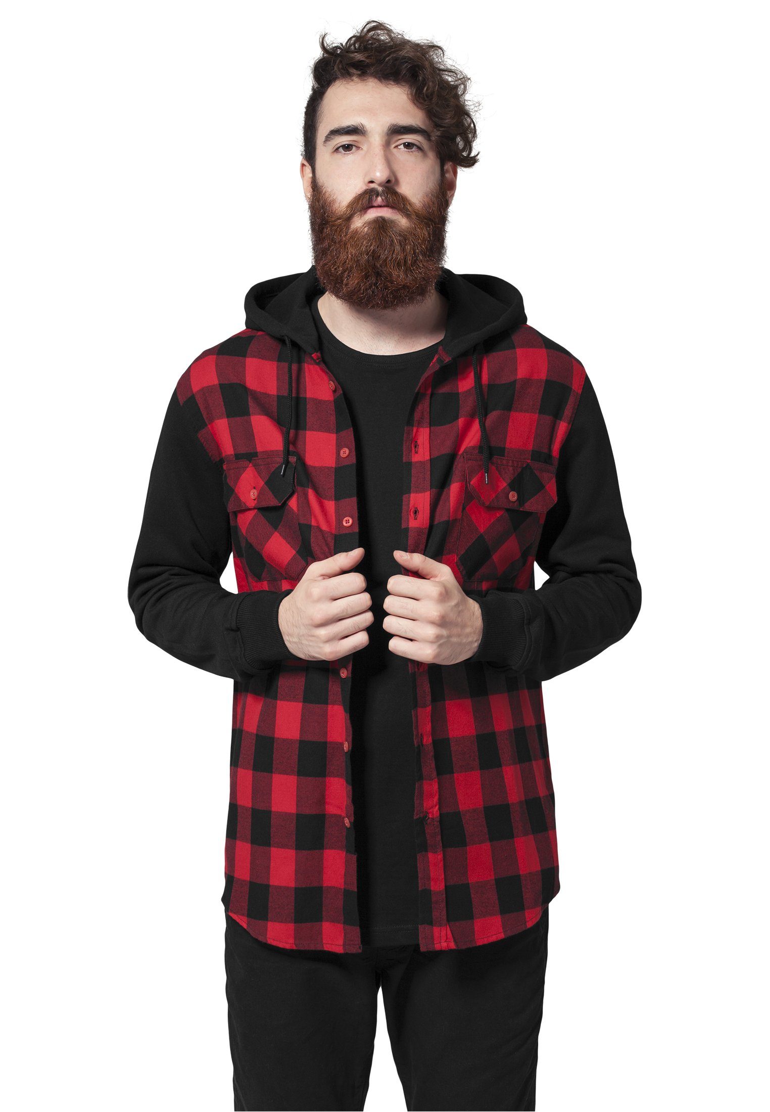 URBAN CLASSICS Shirtjacke Herren Hooded Checked Flanell Sweat Sleeve Shirt (1-tlg) blk/red/bl | Shirtjacken