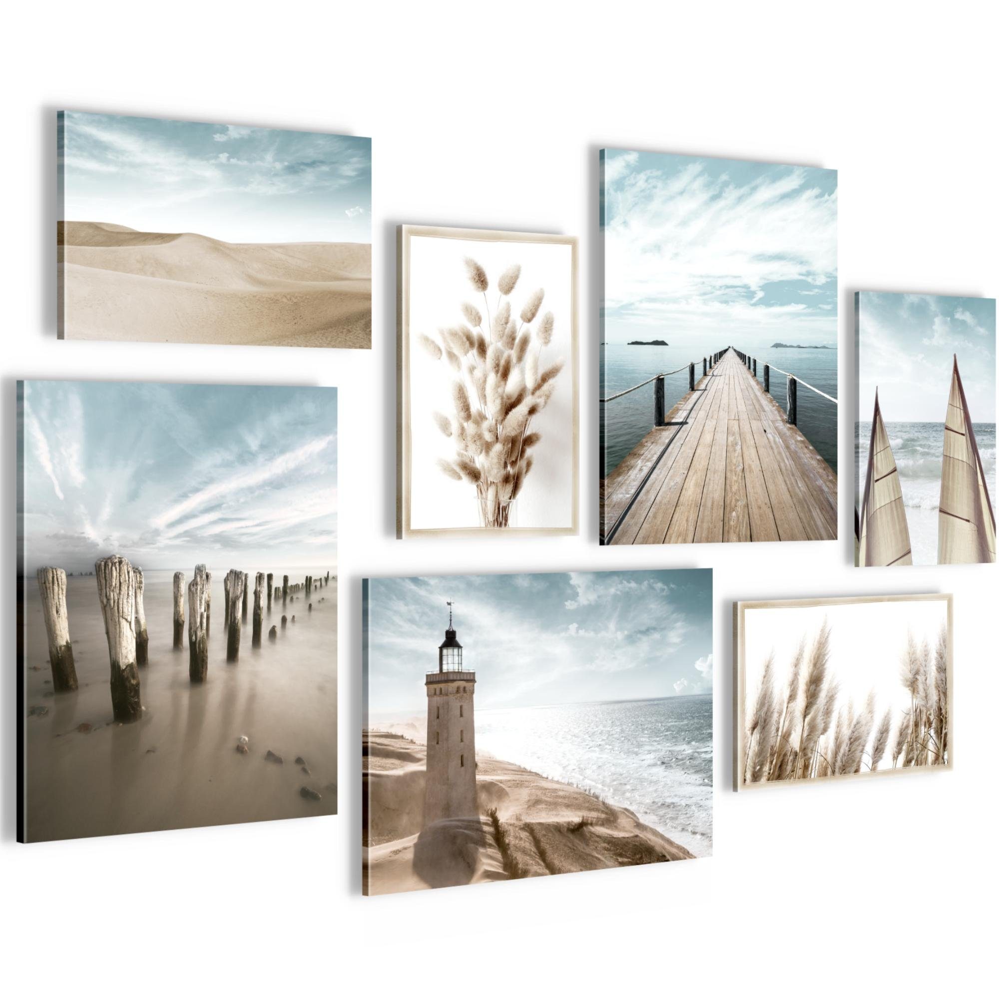 Novart Wandbild Strand Meer Leuchtturm Wohnzimmer Bilder Set Blau Beige, 7Teilig