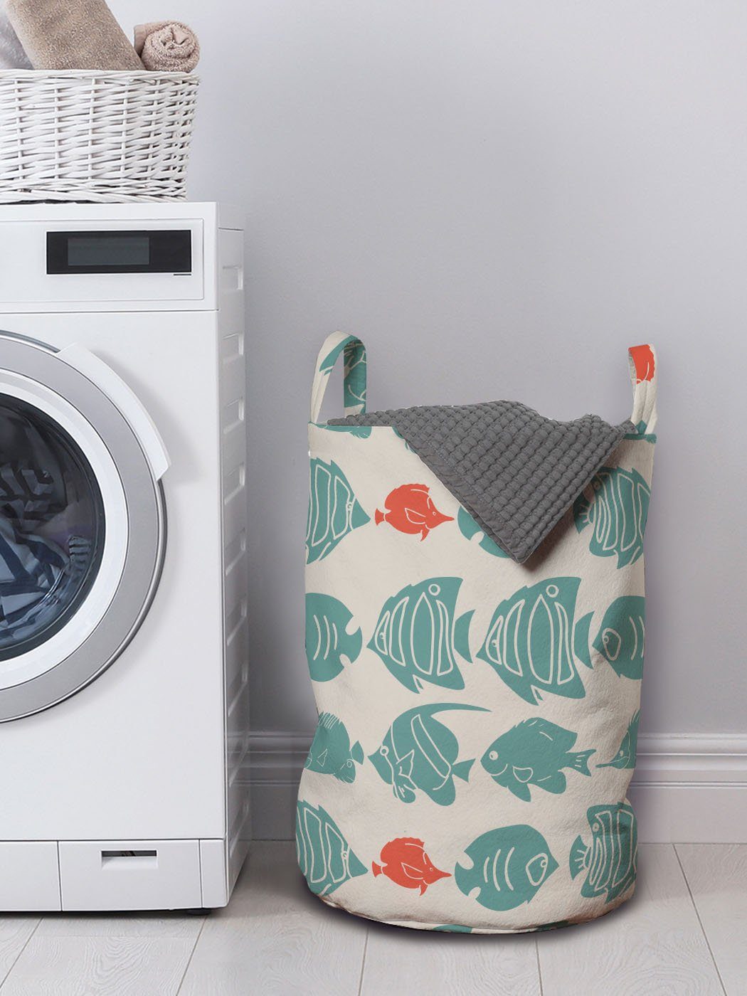 Abakuhaus Wäschesäckchen Wäschekorb mit und Nautisch Griffen für Blaue Kordelzugverschluss Waschsalons, Fische Bilder rote