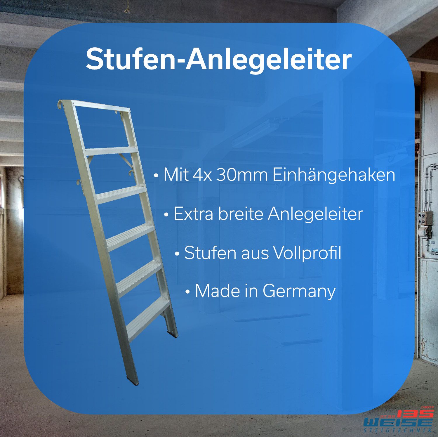 Weise Steigtechnik Anlegeleiter Maxximuss, Industrie-Qualität (11 Stufen, bis 250 kg belastbar), trittsichere Stufen, Anlegeleiter für Regale, rutschfeste Gummifüße