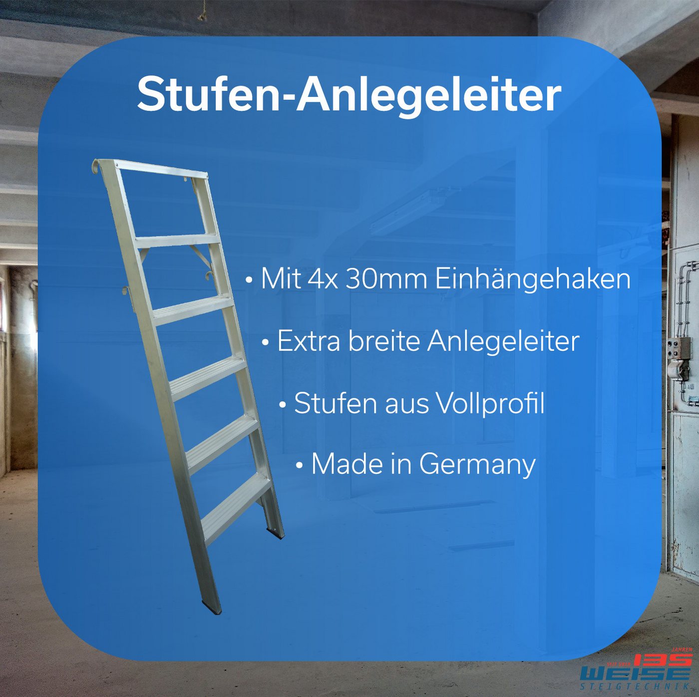 Thumbnail - Weise Steigtechnik Anlegeleiter Maxximuss, Industrie-Qualität (6 Stufen, bis 250 kg belastbar), trittsichere Stufen, Anl...