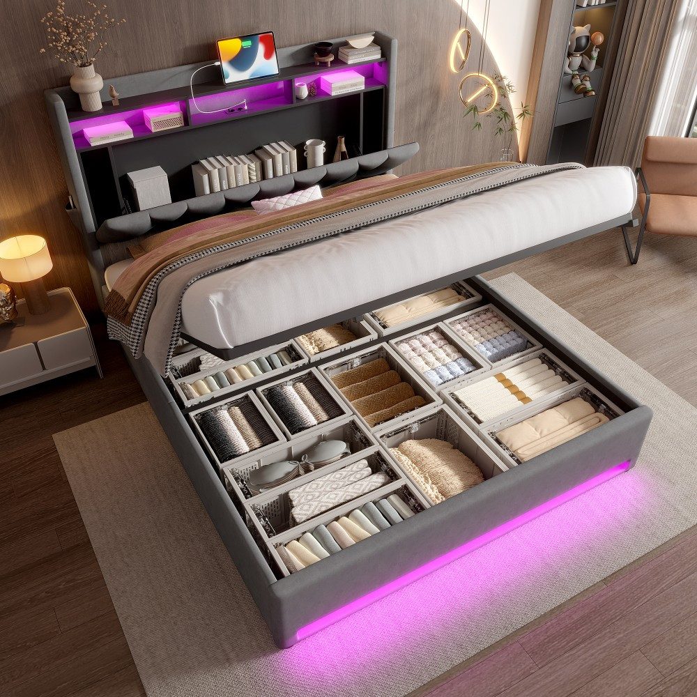 TavilaEcon Boxspringbett Modernes Polsterbett mit Stauraum im Kopfteil und LED-Beleuchtung (1-St), mit Lattenrost, USB- und Type-C-Anschlüsse