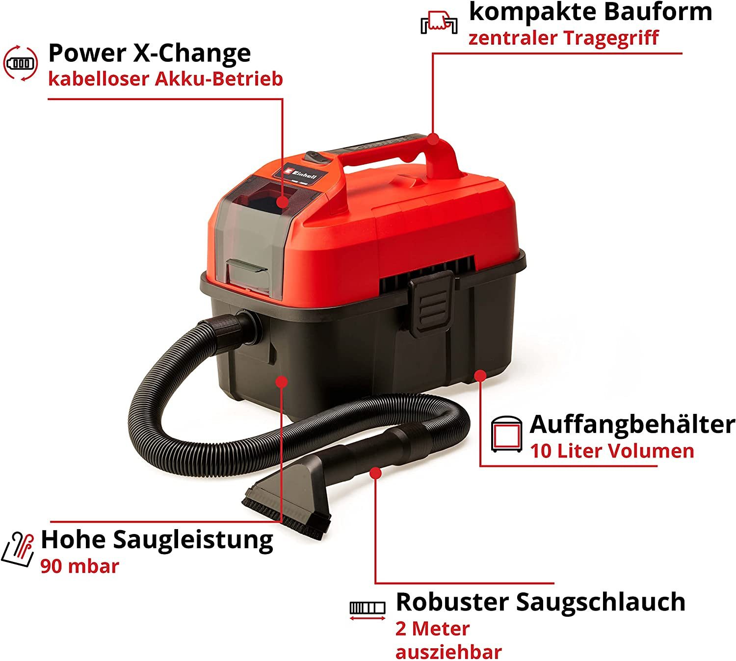 Einhell Nass-Trocken-Sauger Nass-Trockensauger TE-VC 18/10 Li Akku 2.5 Ah, Ladegerär, Zubehör