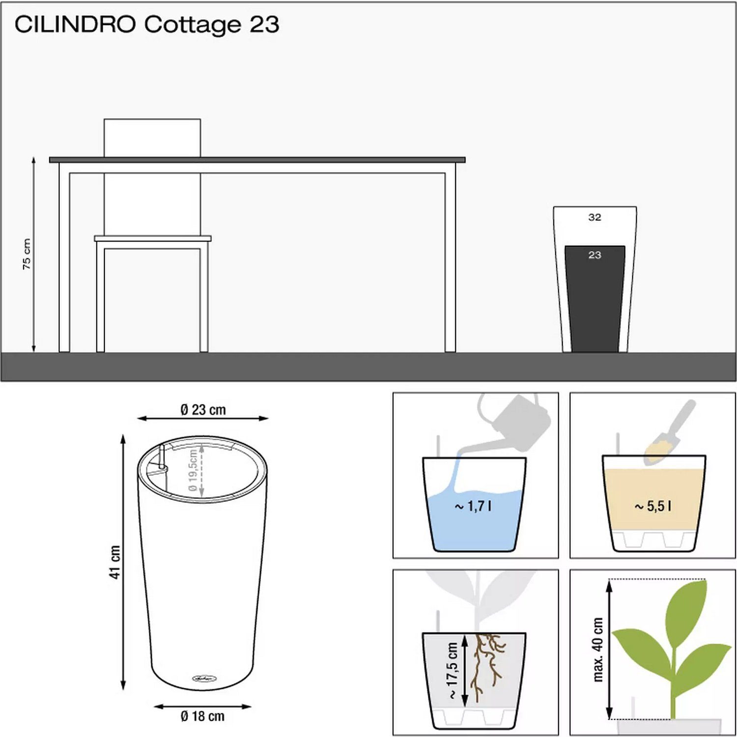 Lechuza® Pflanzkübel Lechuza Cilindro COTTAGE Komplettset 23 1516 mokka