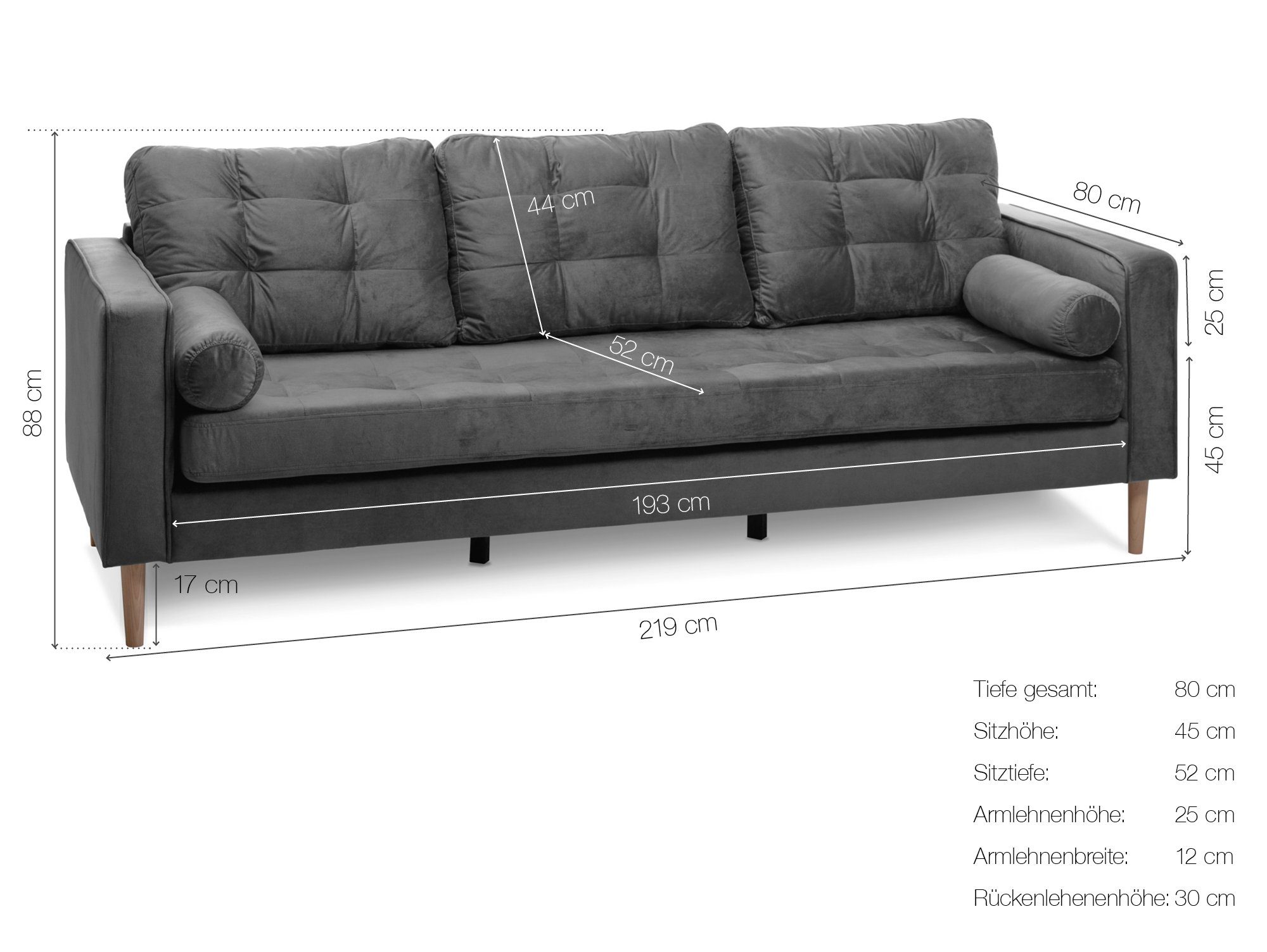 Moebel-Eins Sofa, GLAMMI 3-Sitzer Samtbezug, Buche Sofa massiv mit Füße Grau