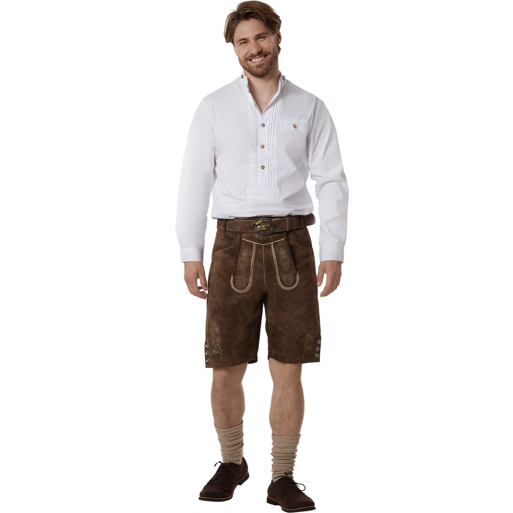 dressforfun Trachtenhose Klassische kurze Lederhose mit gesticktem Latz, robust (Herrenhose Jakob, für Volksfeste in Dunkelbraun) Inkl. Gürtel, Hosenträgern, Trachtenhemd, Loferl und Haferlschuhen