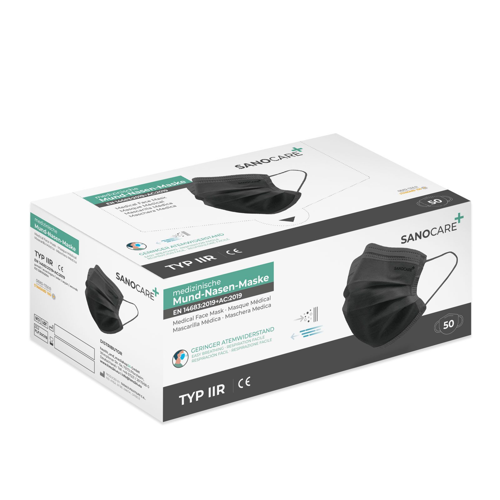 Sanocare Mund-Nasen-Masken Mund-Nasen Maske Typ IIR (50er Box) - Schwarz