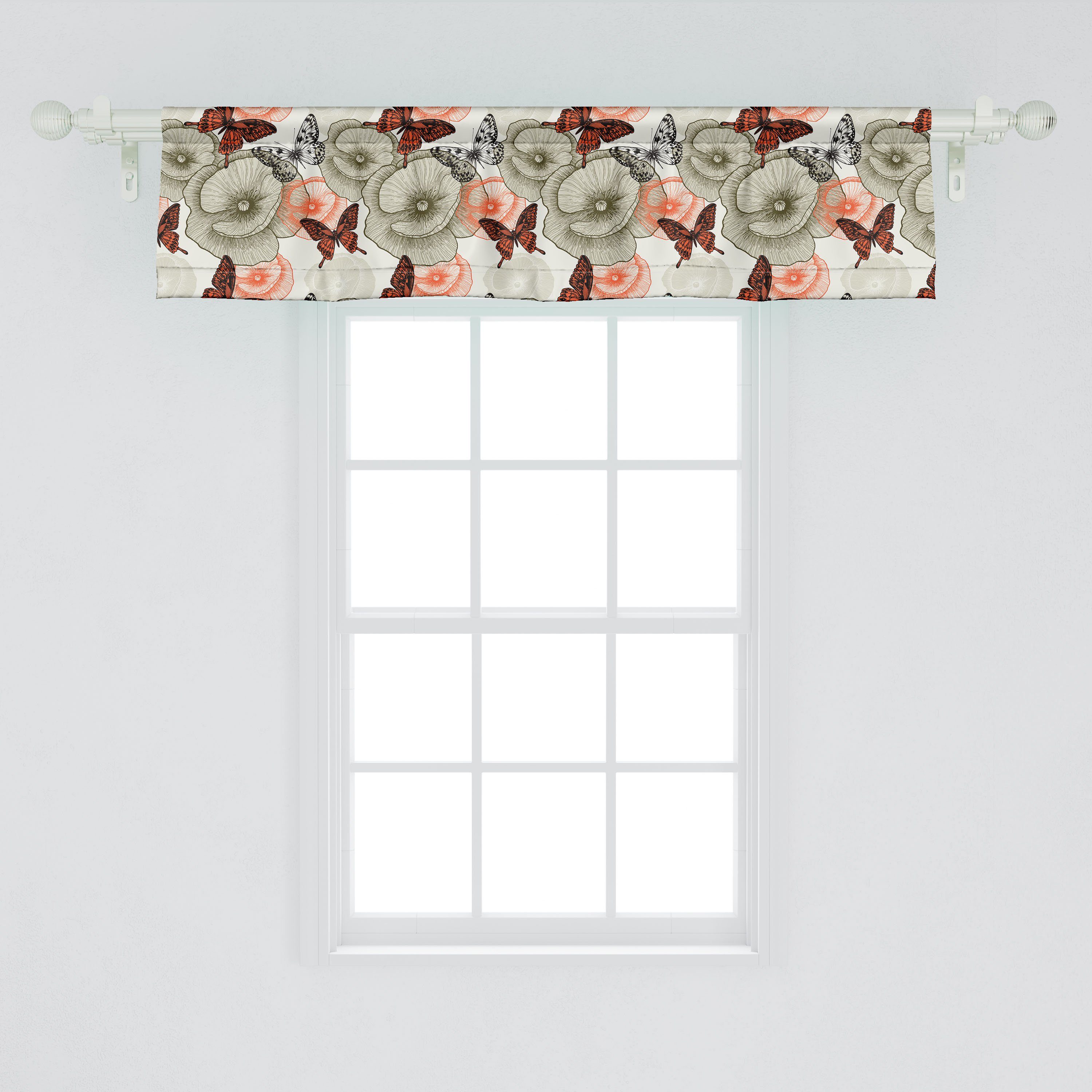 Scheibengardine Vorhang Volant für Garten und Schmetterlinge Microfaser, Dekor Schlafzimmer Küche Mohnblumen Stangentasche, Abakuhaus, mit