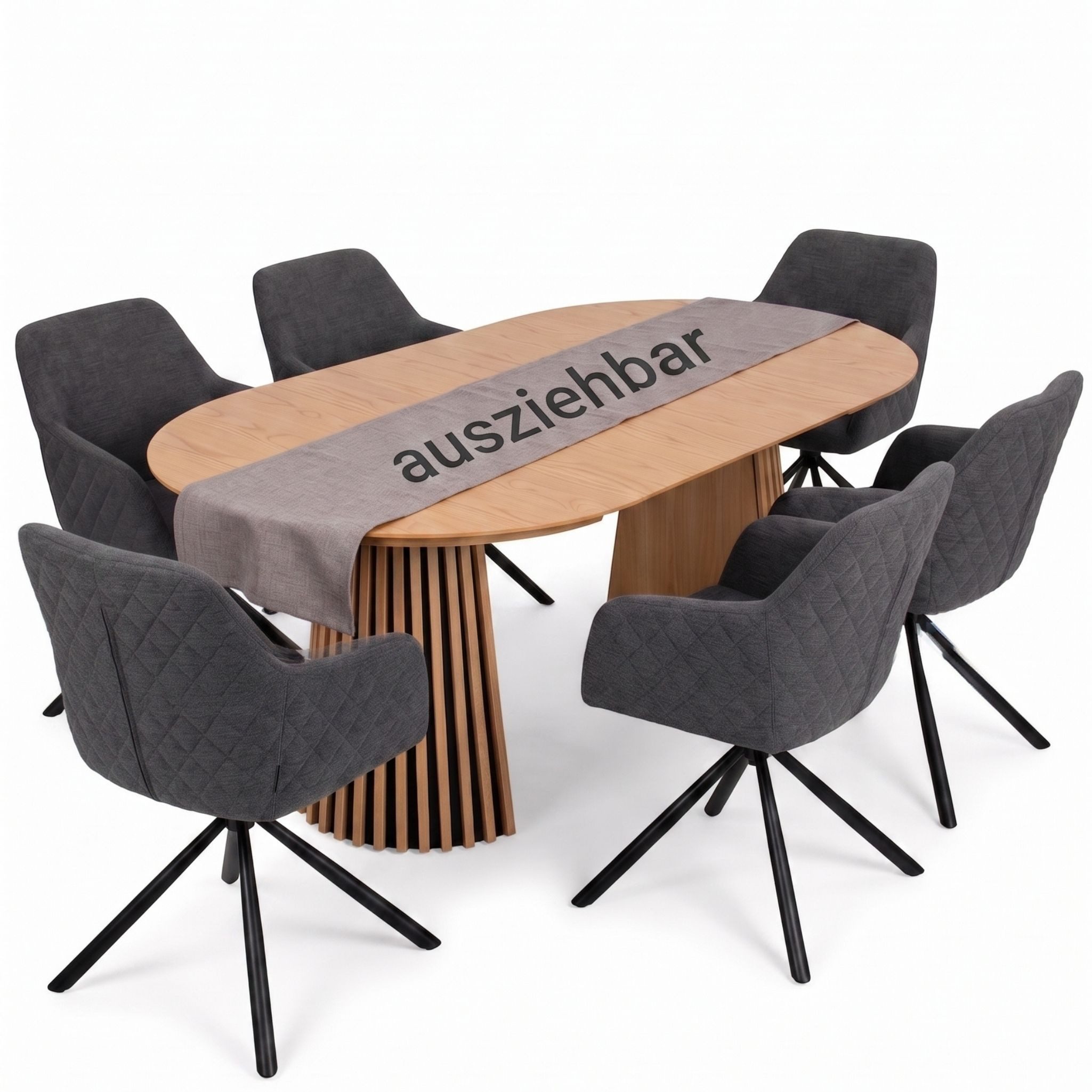 MR.DEKO Esszimmer-Set Essgruppe Cuneo dark grey & Tisch Oria oval Esstisch ausziehbar, (7-teiliges Essgruppe-Set mit 6 Sesseln & ausziehbaren Tisch, 7-St., Esszimmer-Set für 6 Personen), 6 drehbare Sessel in Grau & runder Tisch zum ausziehen