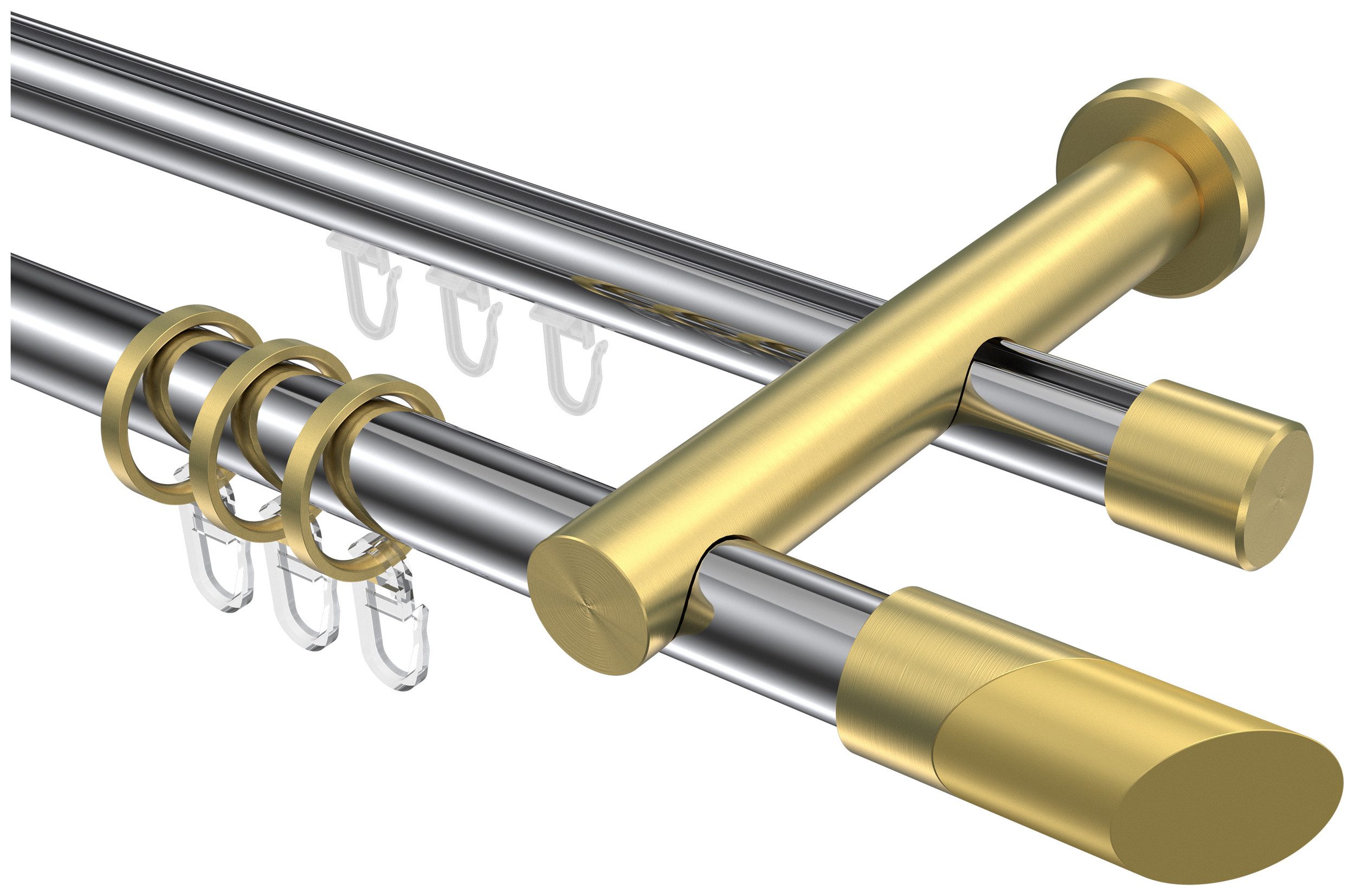 INTERDECO Gardinenstange Platon Verano, Ø 20 mm, 2-läufig, Fixmaß, kürzbar, Wandmontage, Aluminium, Chrom / Messing-Optik / Bicolor