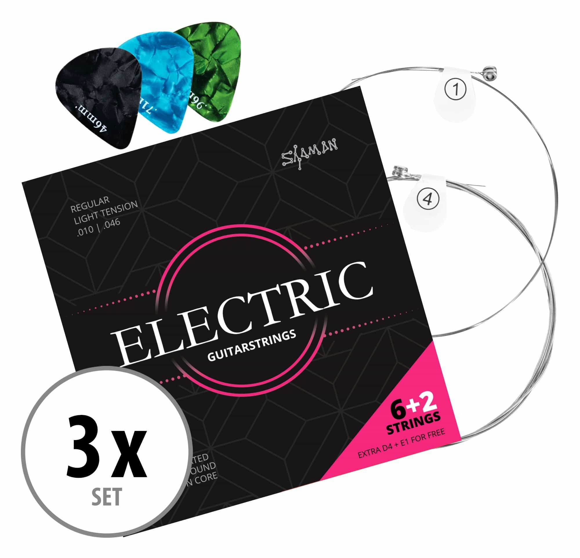 Shaman Saiten 3er-Set Electric E-Gitarren-Saiten Regular Light, (6+2 Saiten-Set, 3-tlg), Kompletter Satz plus 2 Ersatz-Saiten (E1 und D4)