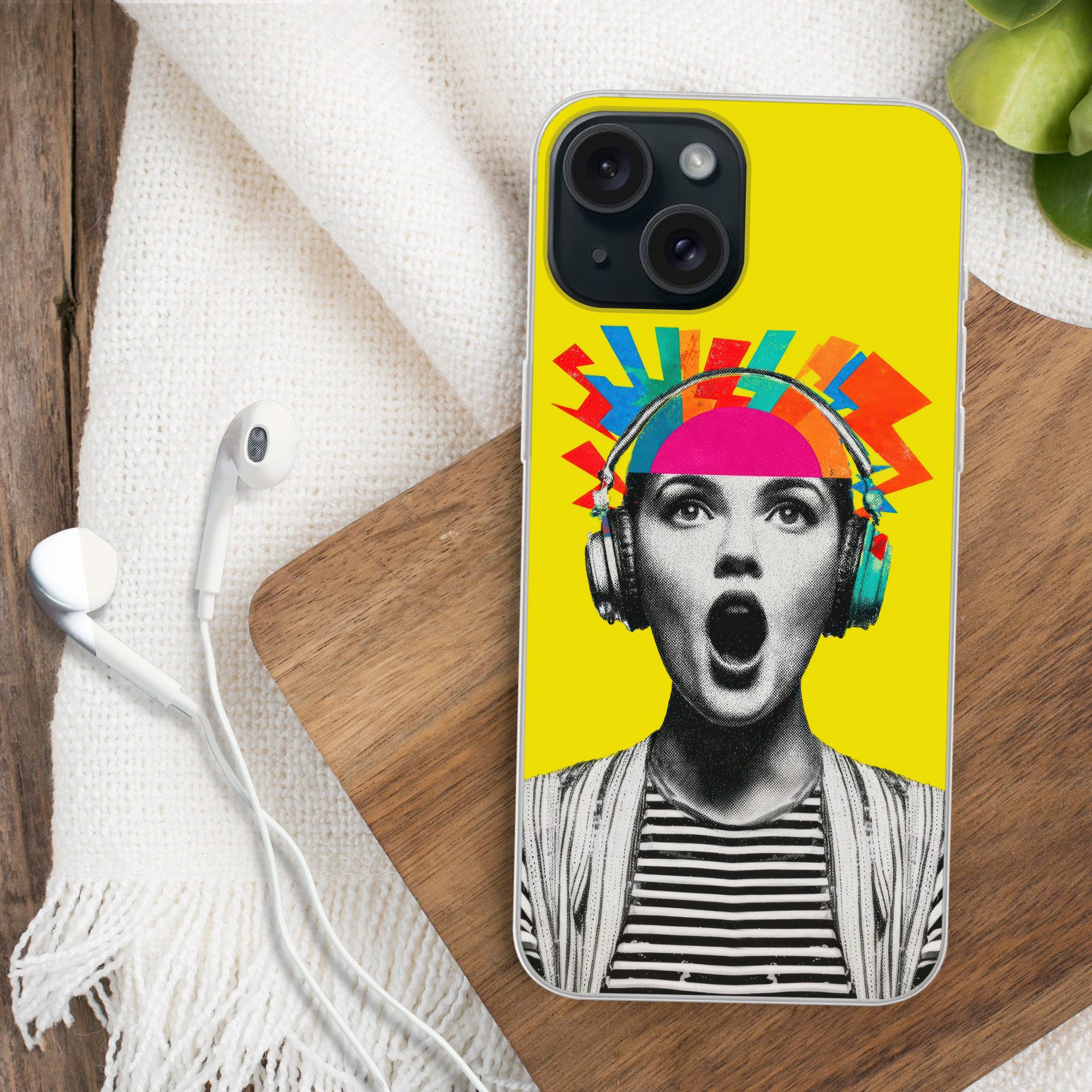 MuchoWow Handyhülle für Apple iPhone 15 Frau - Kopfhörer - Gelb, Smartphone-Bumper, Print, Handy Schutzhülle Dünn