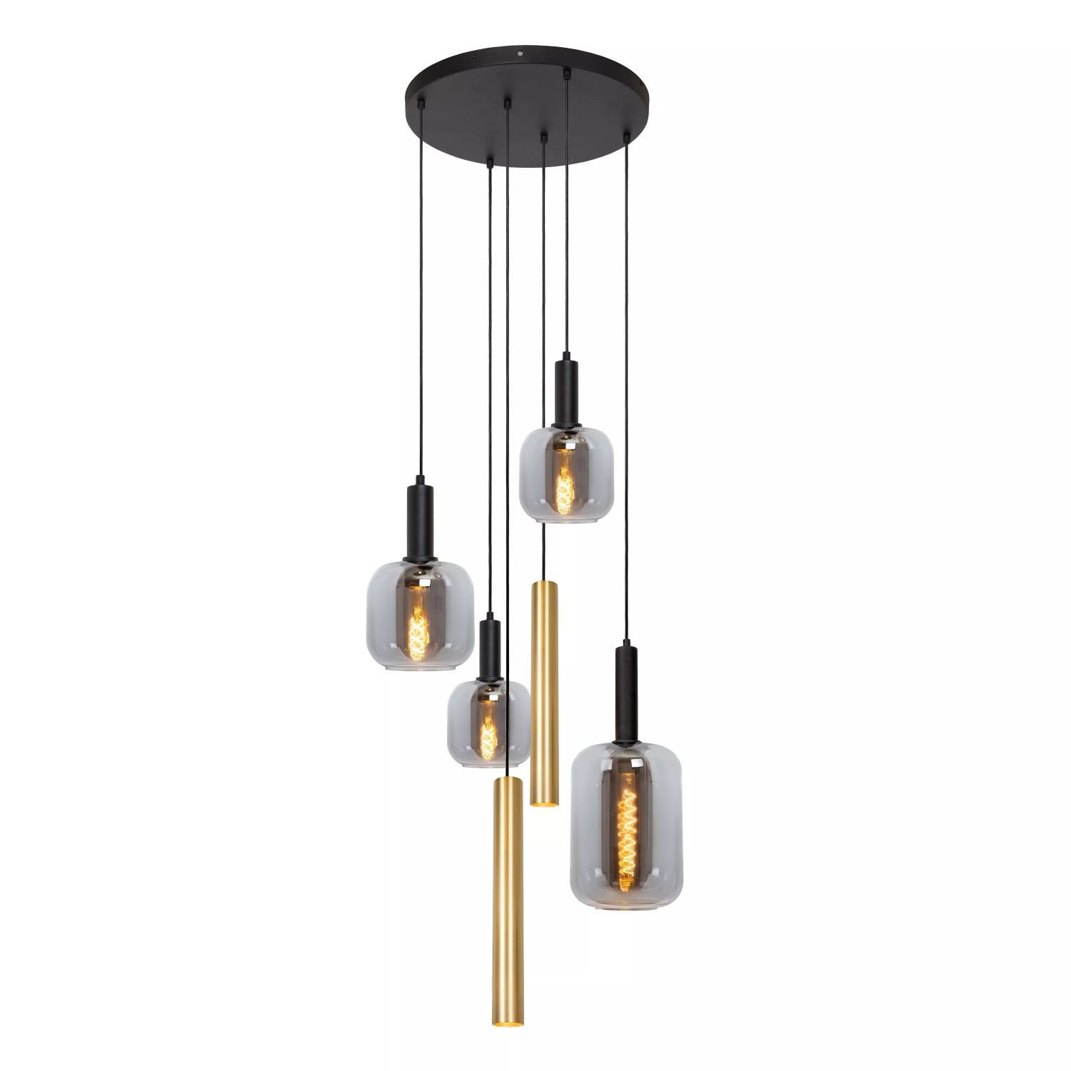 Licht-Erlebnisse Pendelleuchte WYSOR, ohne Leuchtmittel, Rauchglas Metall E27 65 cm breit H: max. 150 cm 4-flammig Modern